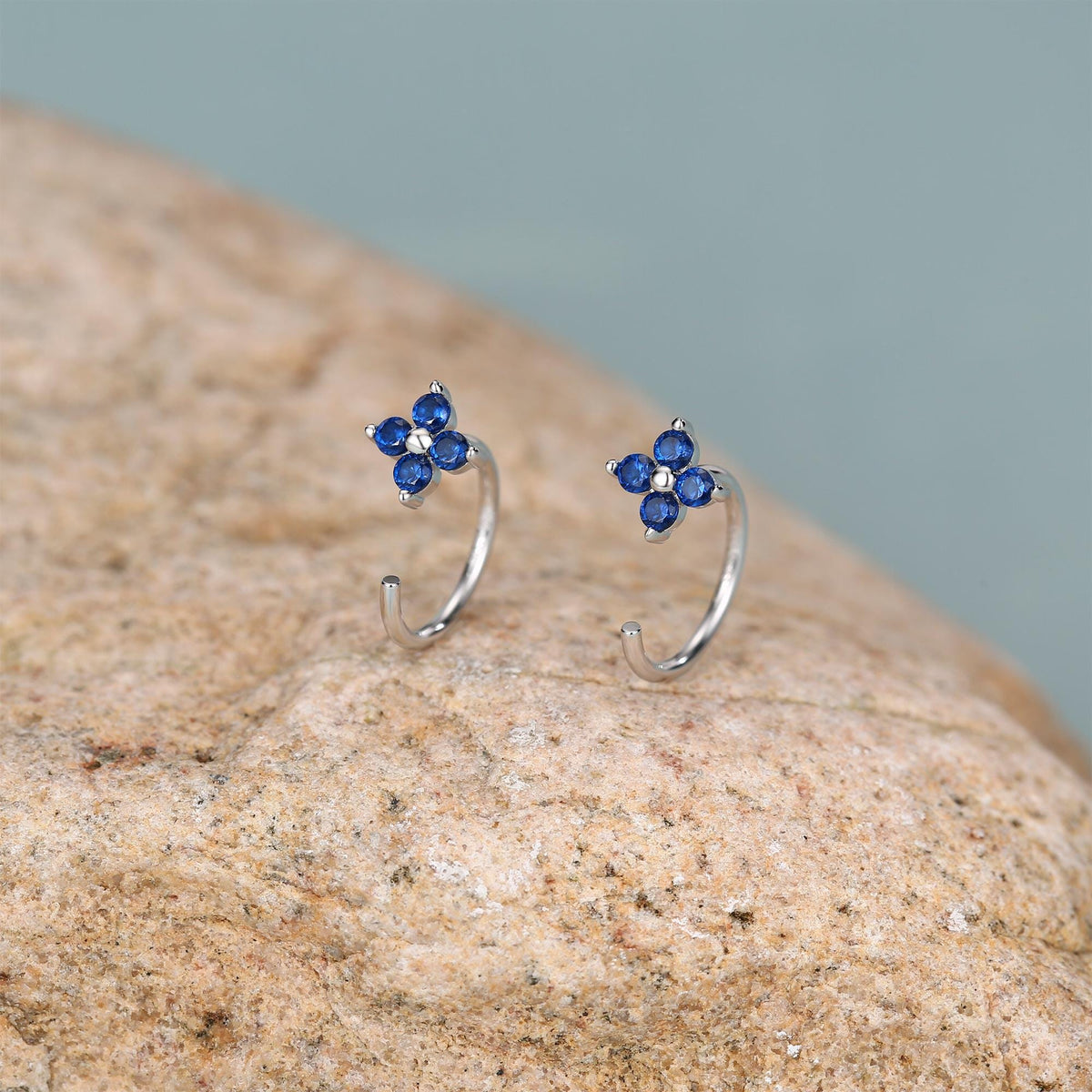 Sterling Silver Sapphire Blue CZ Flower Open Hoop Earrings