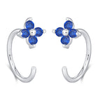 Sterling Silver Sapphire Blue CZ Flower Open Hoop Earrings