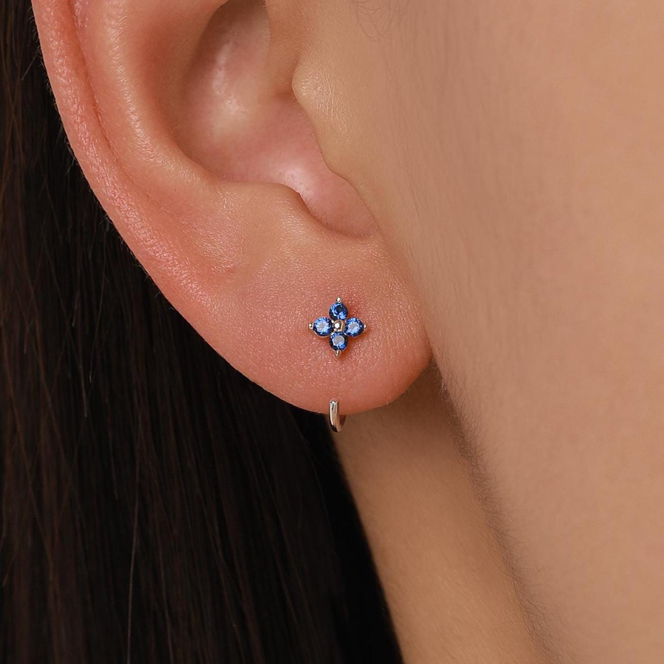 Sterling Silver Sapphire Blue CZ Flower Open Hoop Earrings