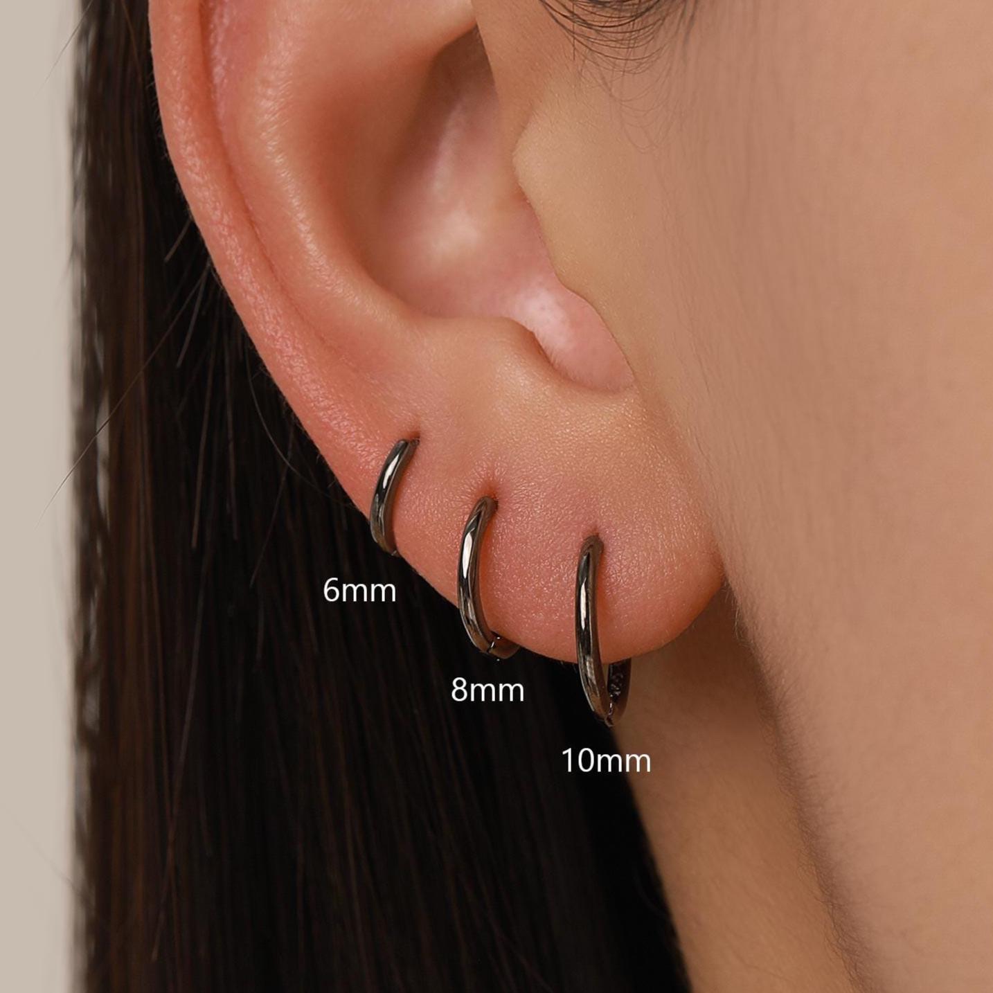 Minimalist Black Huggie Hoops in Sterling Silver, 6mm, 7mm, 8mm, 9mm, 10mm Black Rhodium Clicker Hoops, Sleeper Hoop Earrings, Plain Hoops