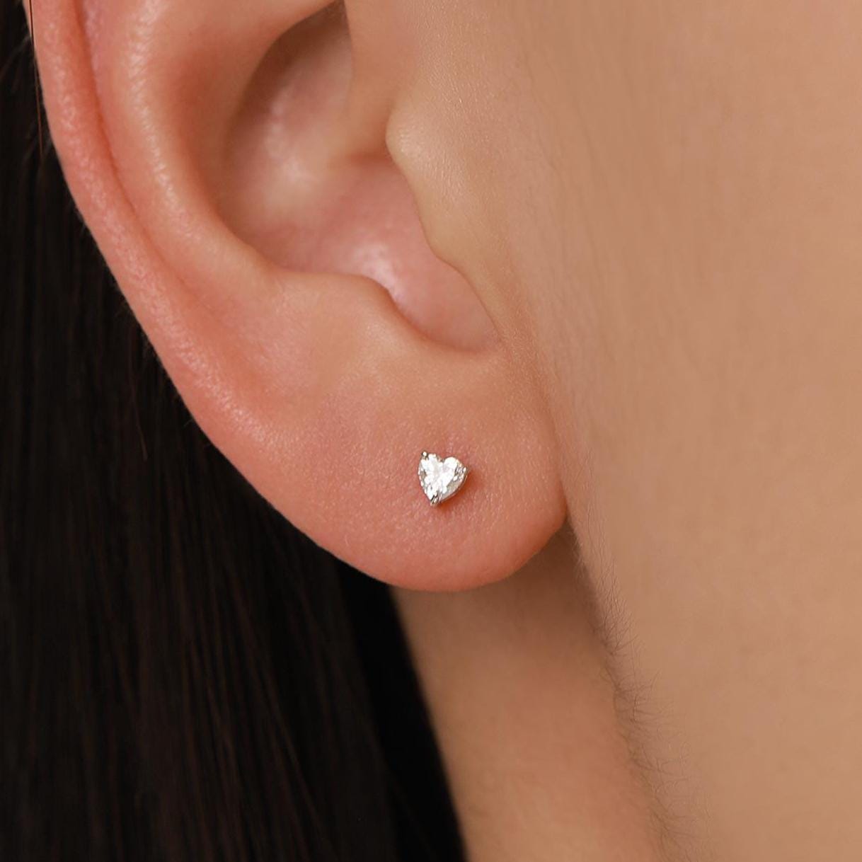 Sterling Silver 3MM Heart Moissanite Stud Earrings - Extra Tiny