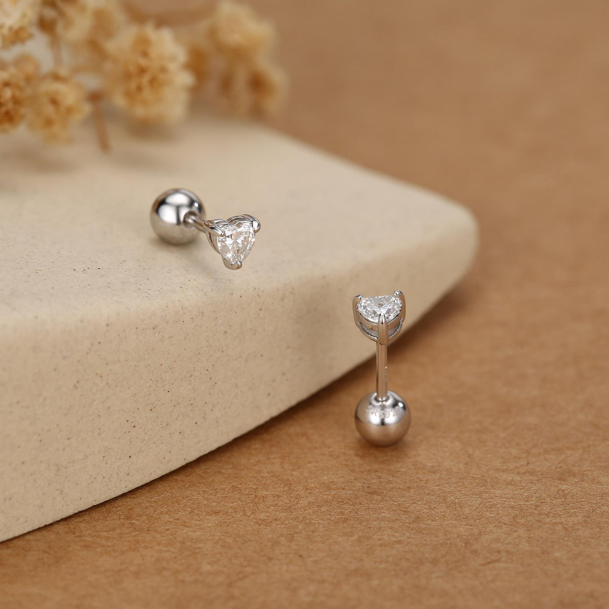 Sterling Silver 4mm Heart Moissanite 18G Screw Back Earrings
