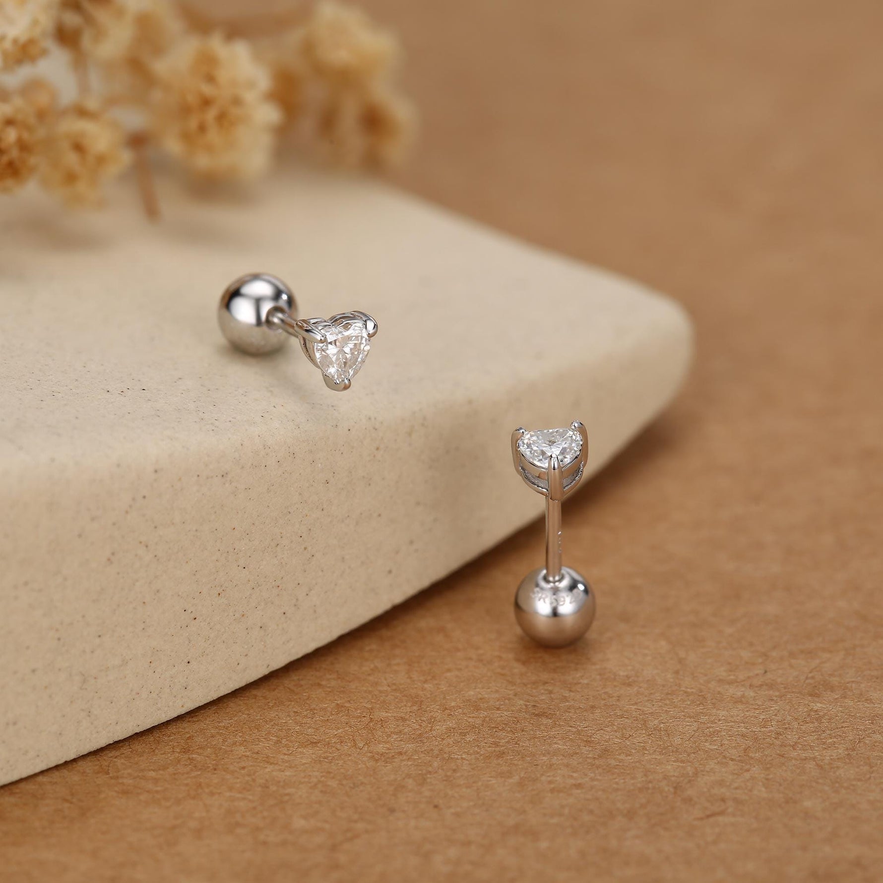 Sterling Silver 4mm Heart Moissanite 18G Screw Back Earrings