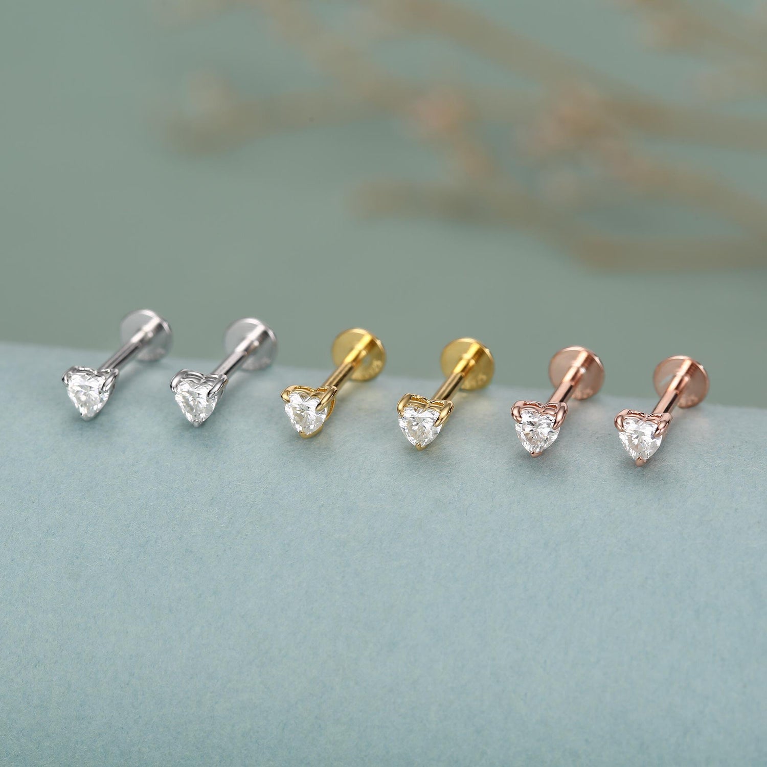 Sterling Silver Tiny Heart 3mm Moissanite 16G Flat Back Labret Earrings