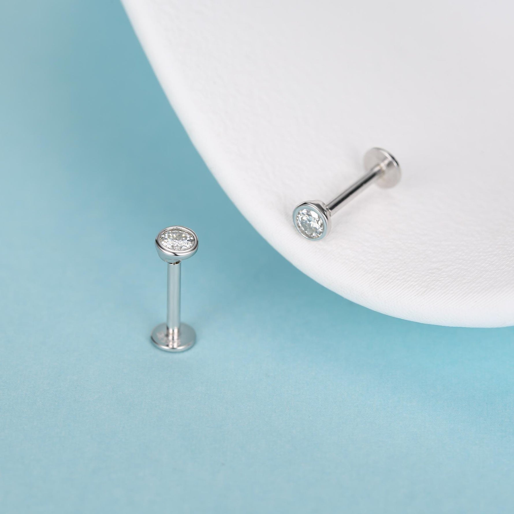 Sterling Silver 3mm Moissanite 16G Flat Back Labret Earrings