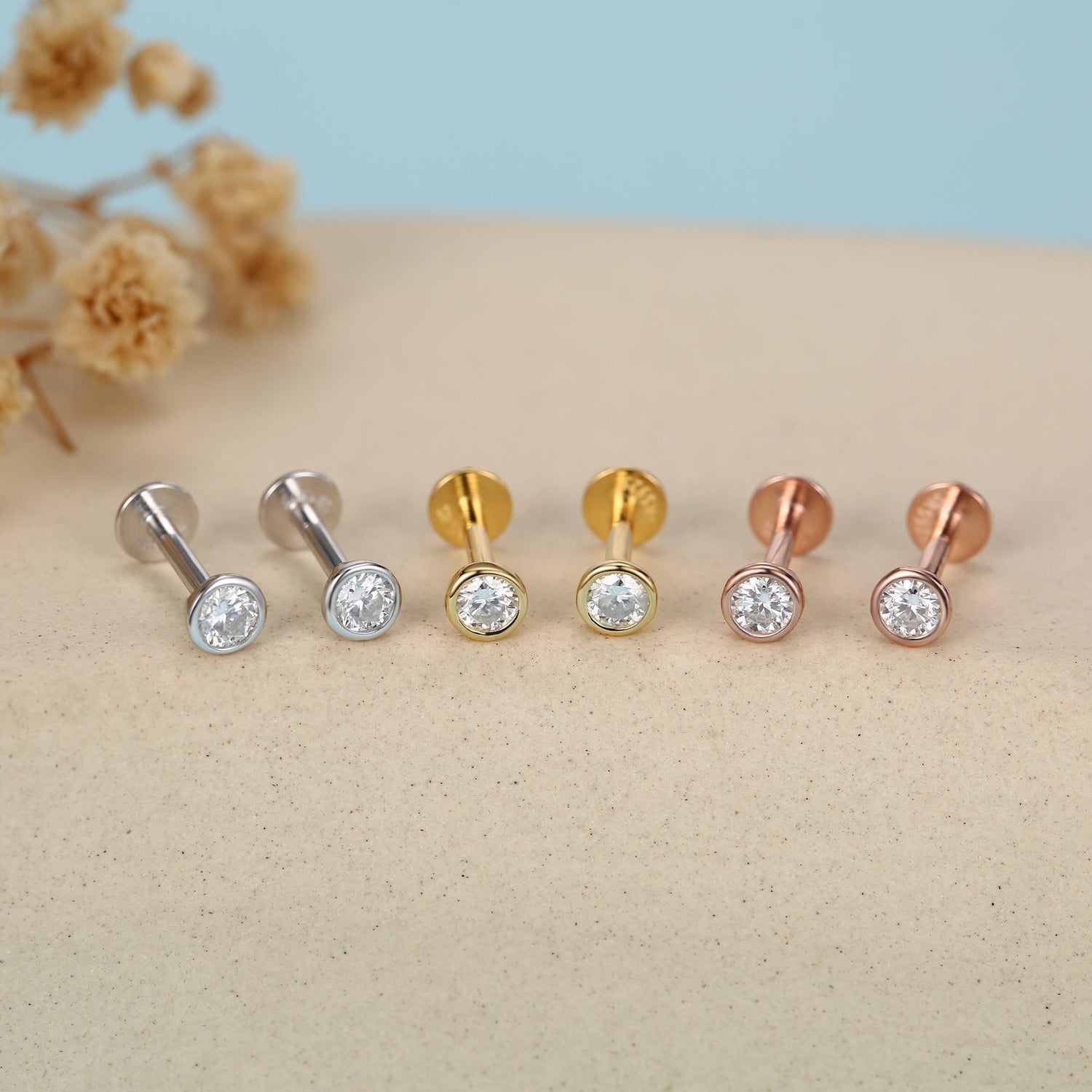 Sterling Silver 3mm Moissanite 16G Flat Back Labret Earrings