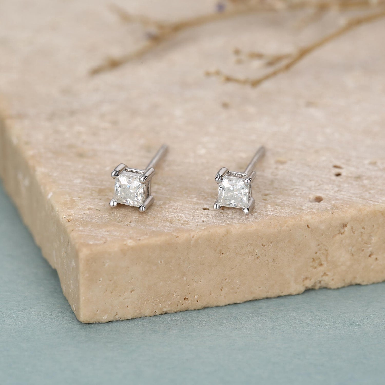 Sterling Silver 3mm Princess Cut Moissanite Stud Earrings