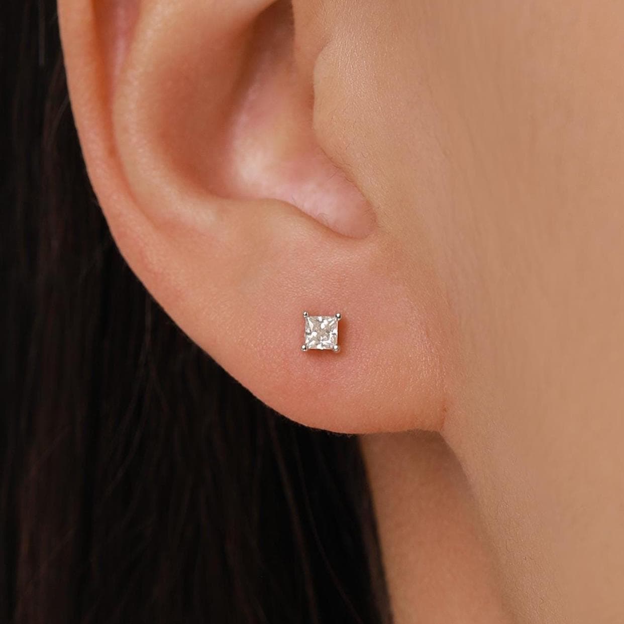 Sterling Silver 3mm Princess Cut Moissanite Stud Earrings
