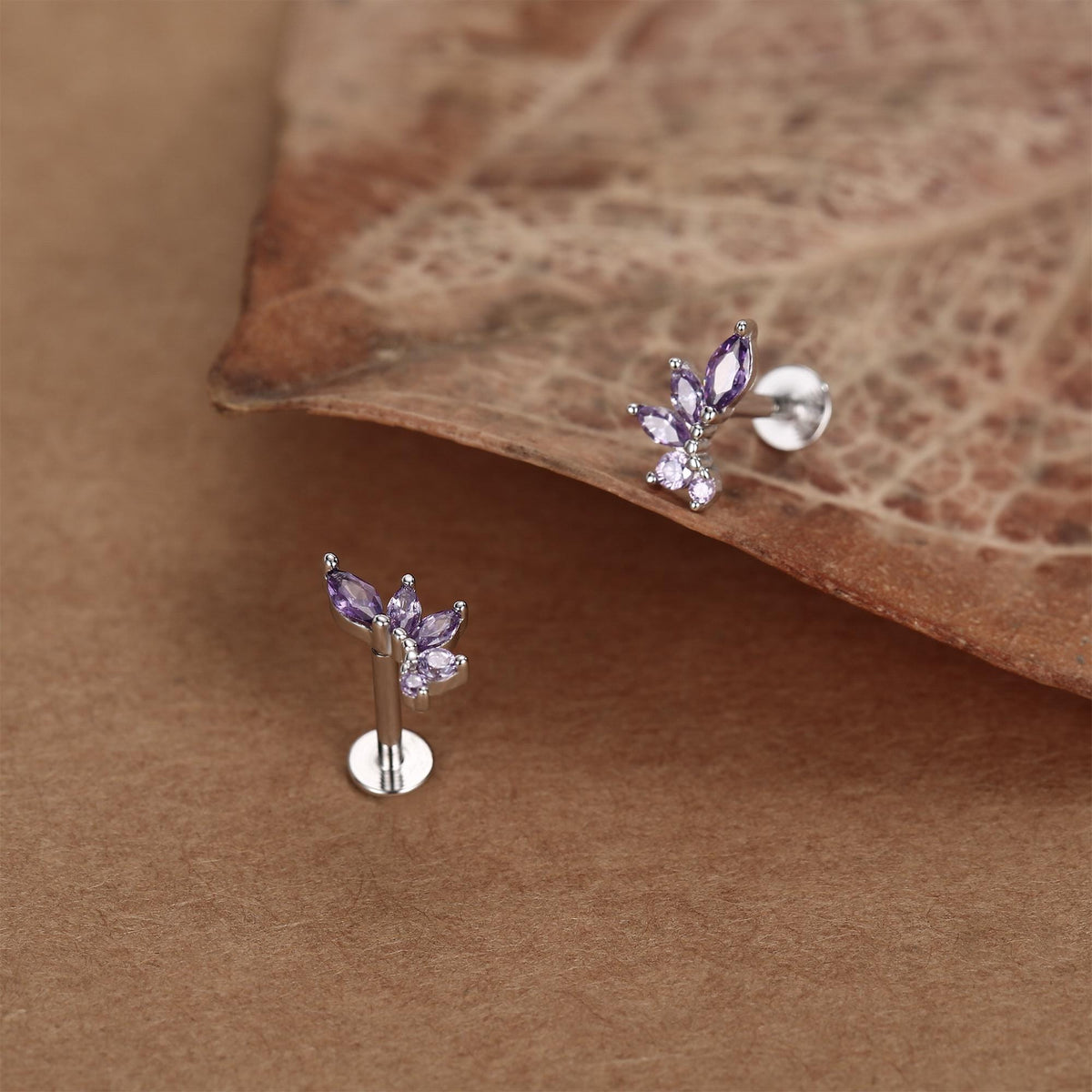 Sterling Silver Purple CZ Marquise Cluster 16G Flat Back Earrings