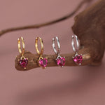Ruby Red Heart CZ Huggie Hoop in Sterling Silver