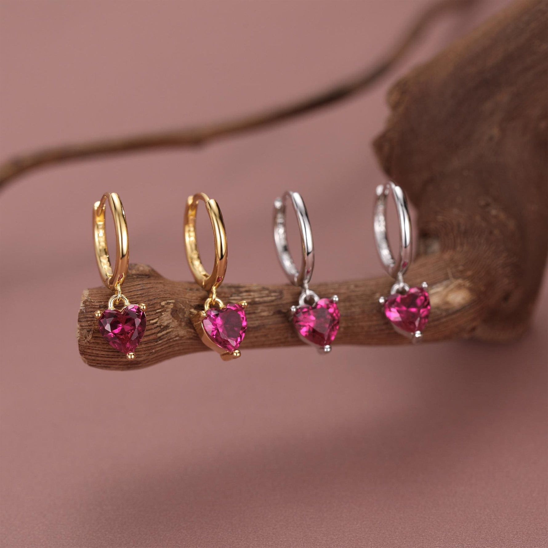 Ruby Red Heart CZ Huggie Hoop in Sterling Silver