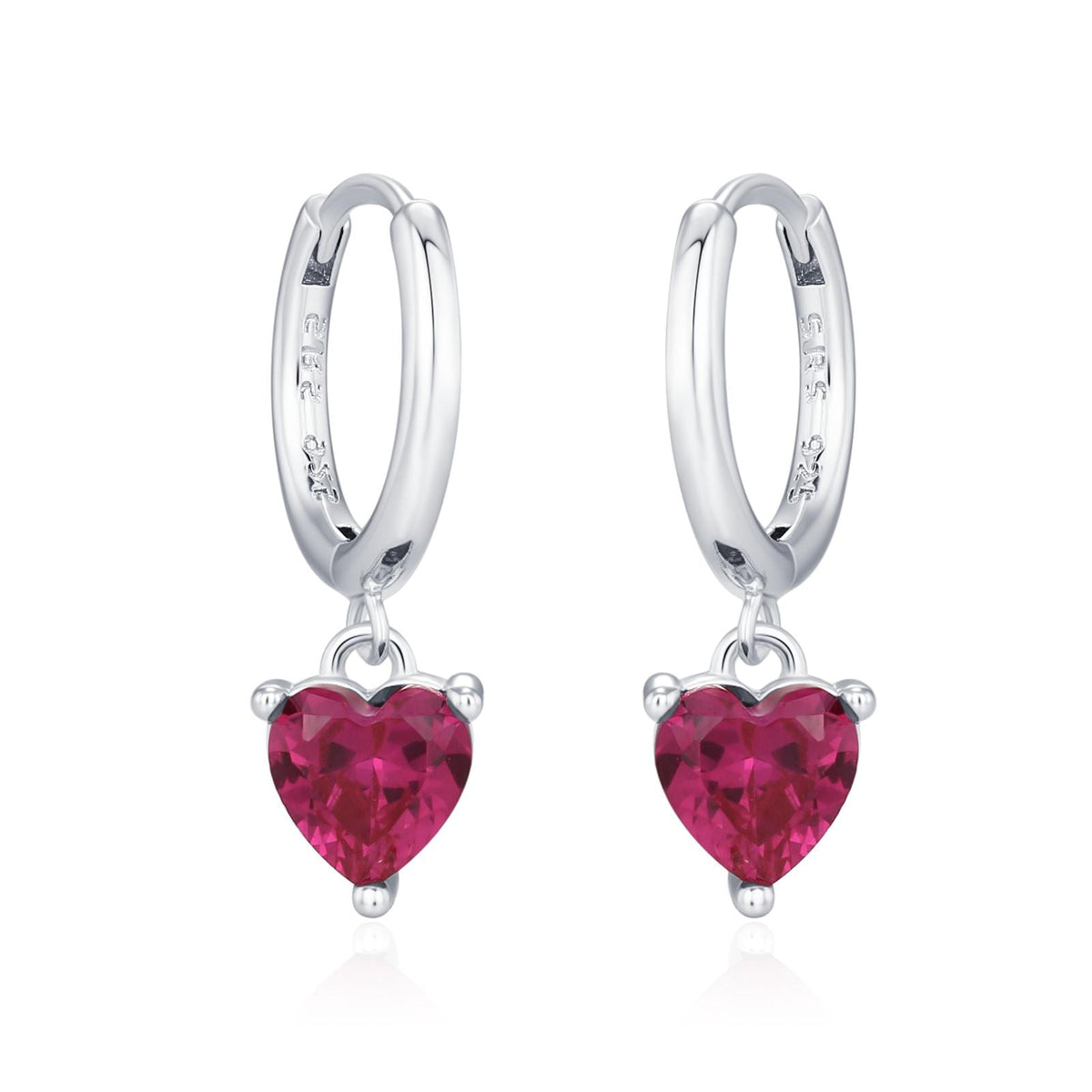 Ruby Red Heart CZ Huggie Hoop in Sterling Silver