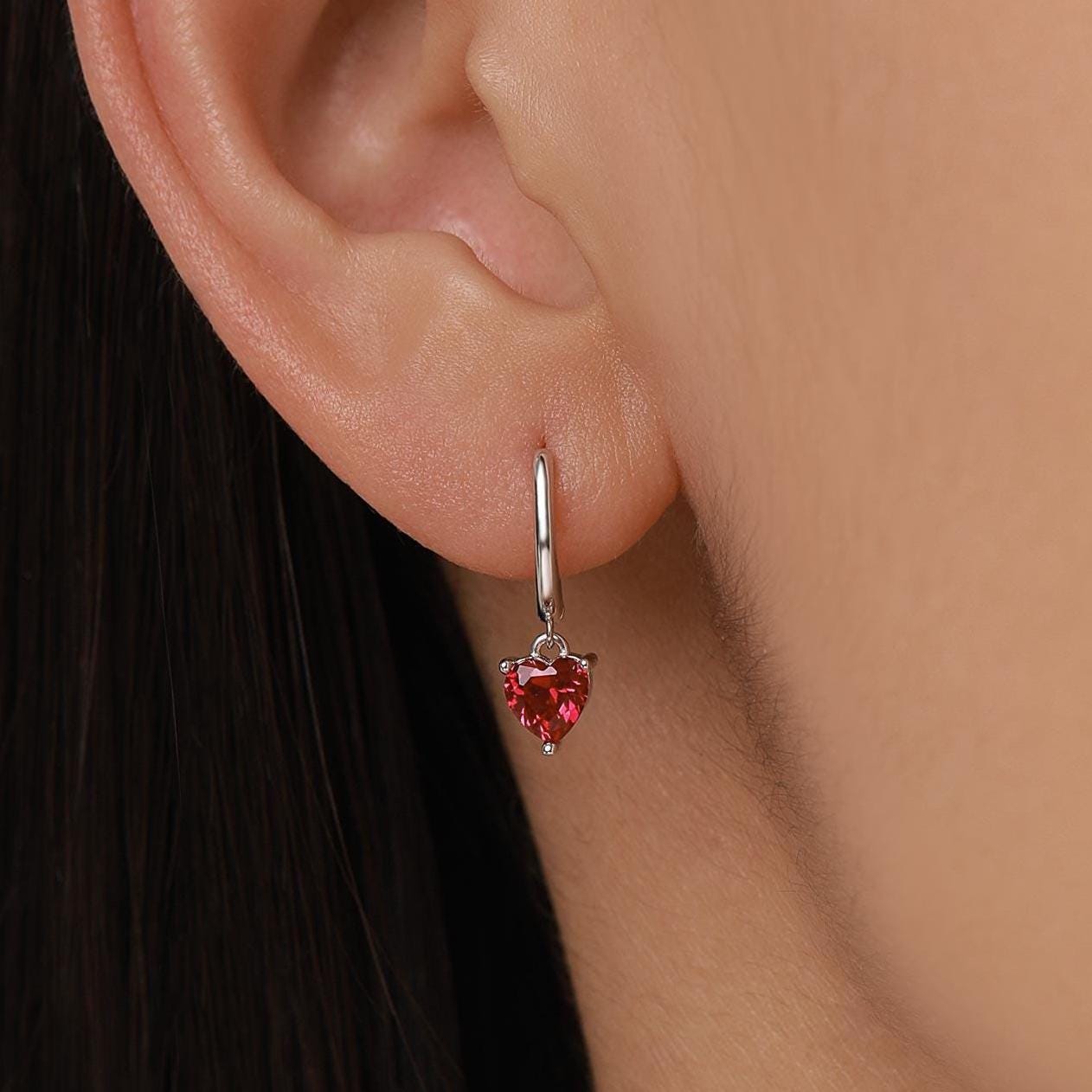 Ruby Red Heart CZ Huggie Hoop in Sterling Silver