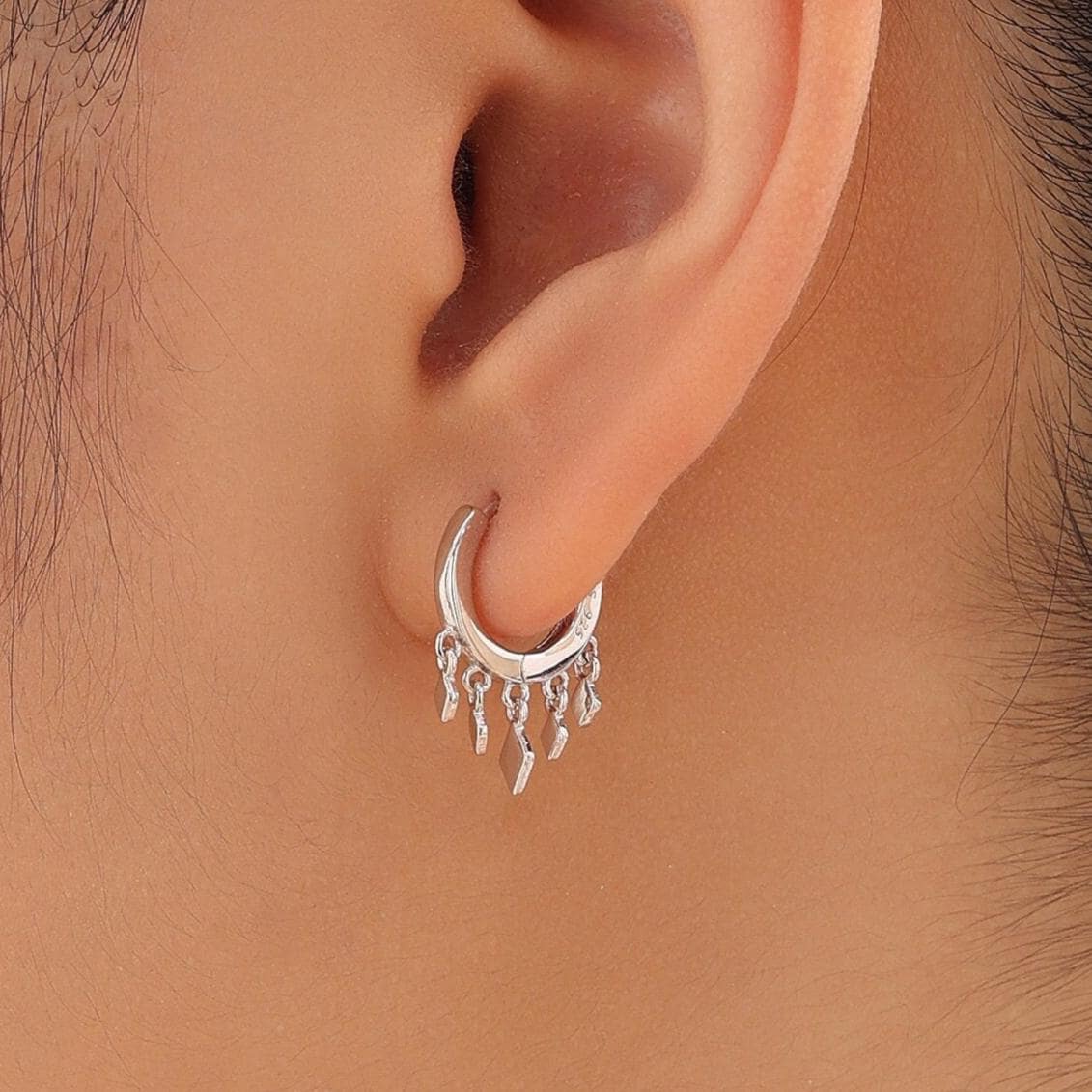Sterling Silver Rhombus Charm Huggie Hoops, Silver, Gold or Rose Gold, Tassle Charm Huggie Hoops, Geometric Hoop Earrings