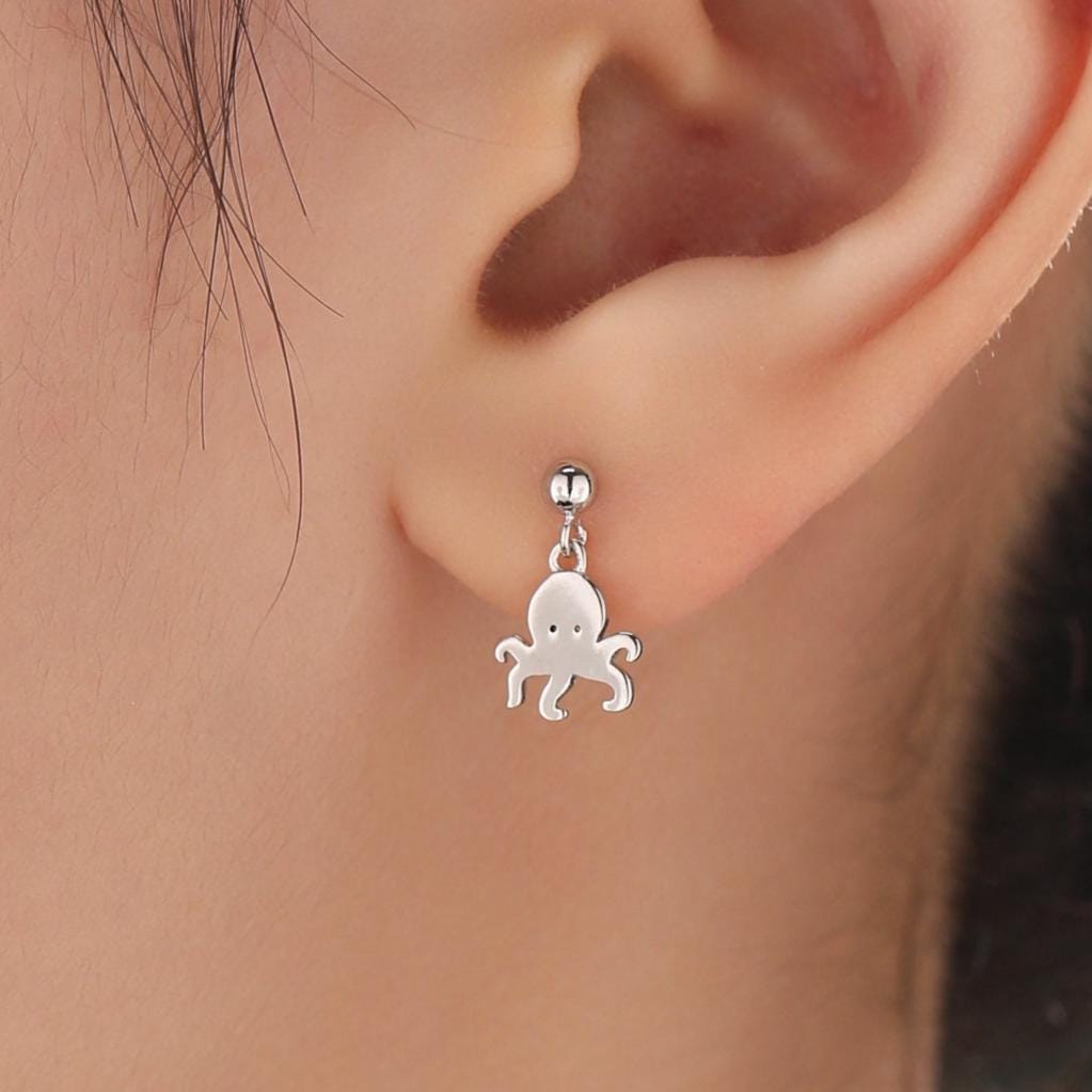 Sterling Silver Cute Octopus Dangle Stud Earrings, Detachable Octopus Drop Stud Earrings, Dainty Dangle Earrings, Fish Earrings