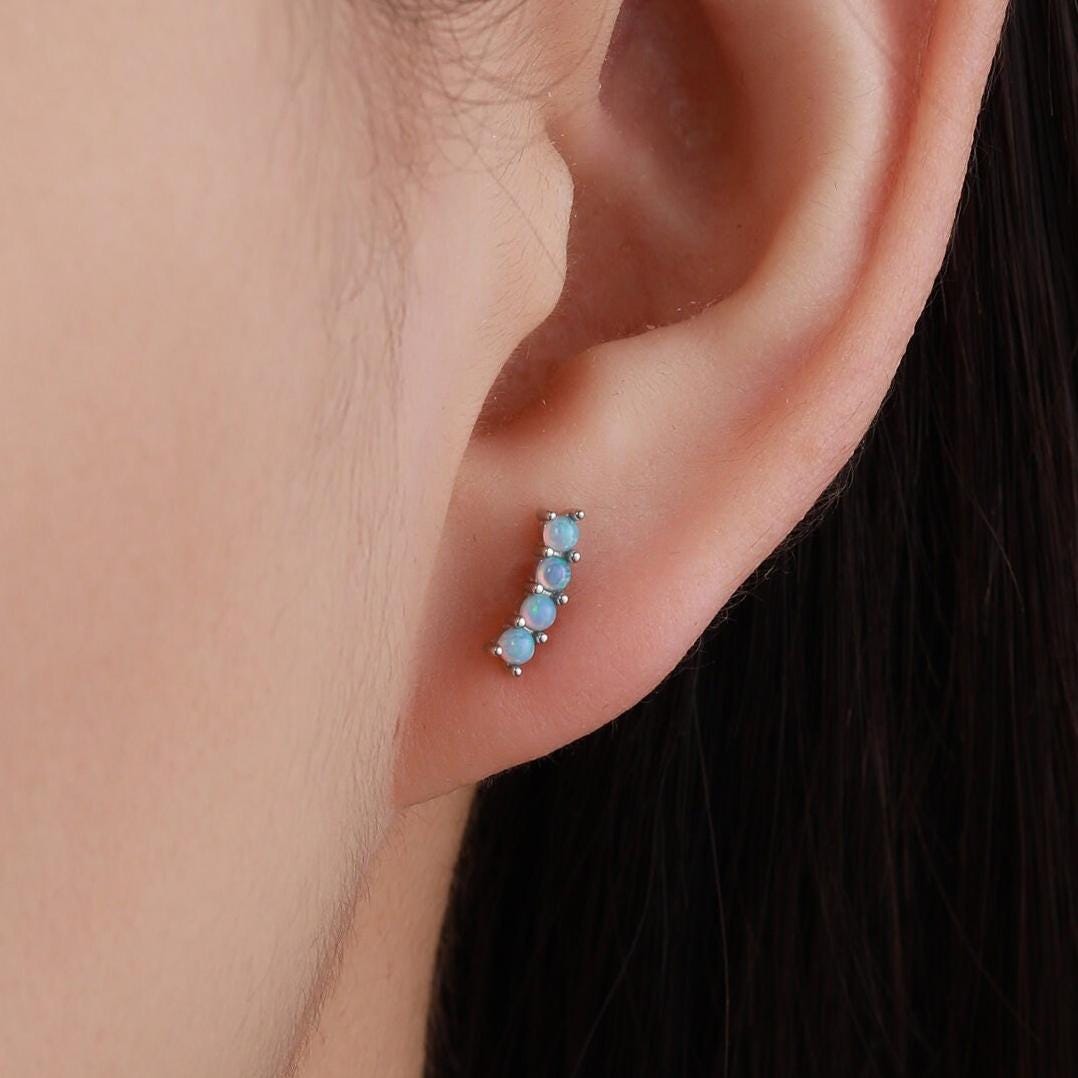 Tiny Little Opal Curved Bar Stud Earrings in Sterling Silver, Silver or Gold, Blue Opal or White Opal, Opal Bar Earrings