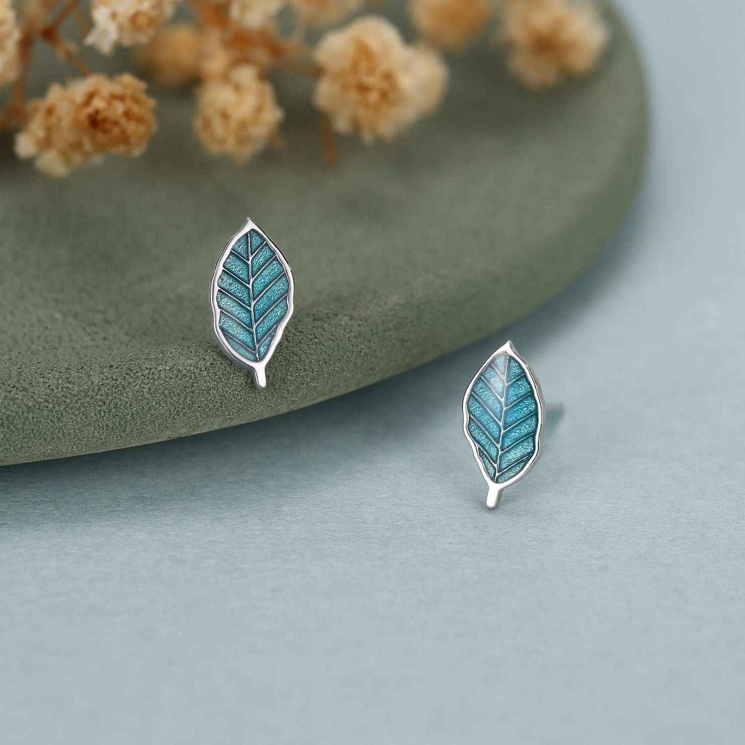 Enamel Beech Leaf Stud Earrings in Sterling Silver, Petite Beech Leaf Earrings, Small Leaf Stud, Nature Inspired