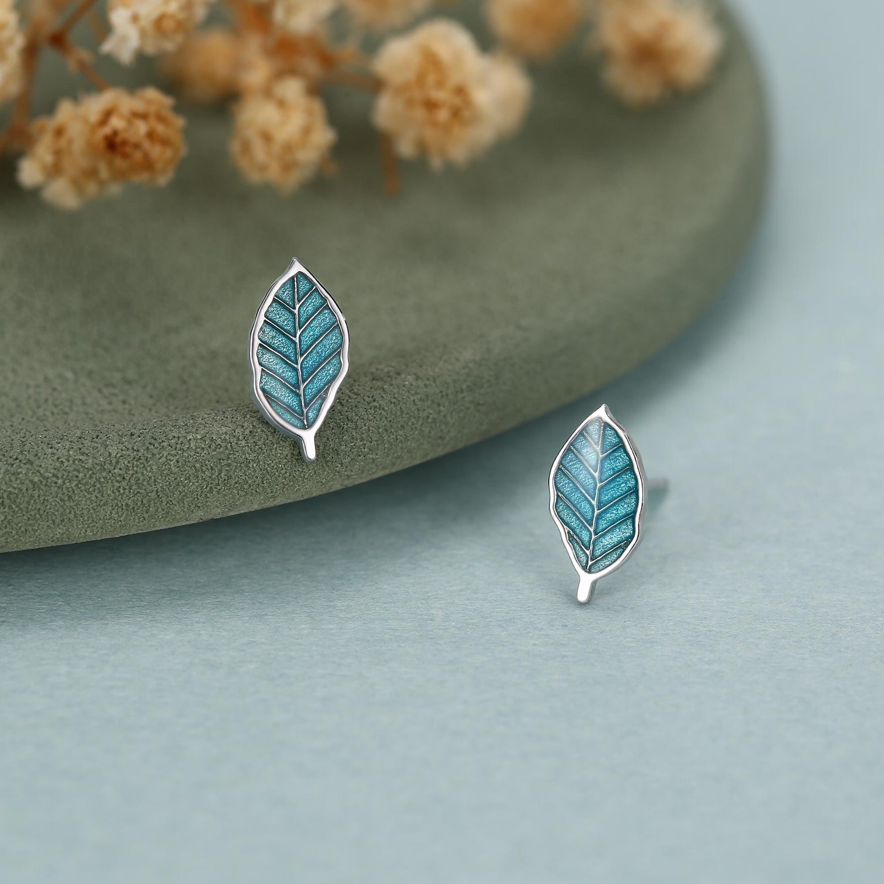 Enamel Beech Leaf Stud Earrings in Sterling Silver, Petite Beech Leaf Earrings, Small Leaf Stud, Nature Inspired