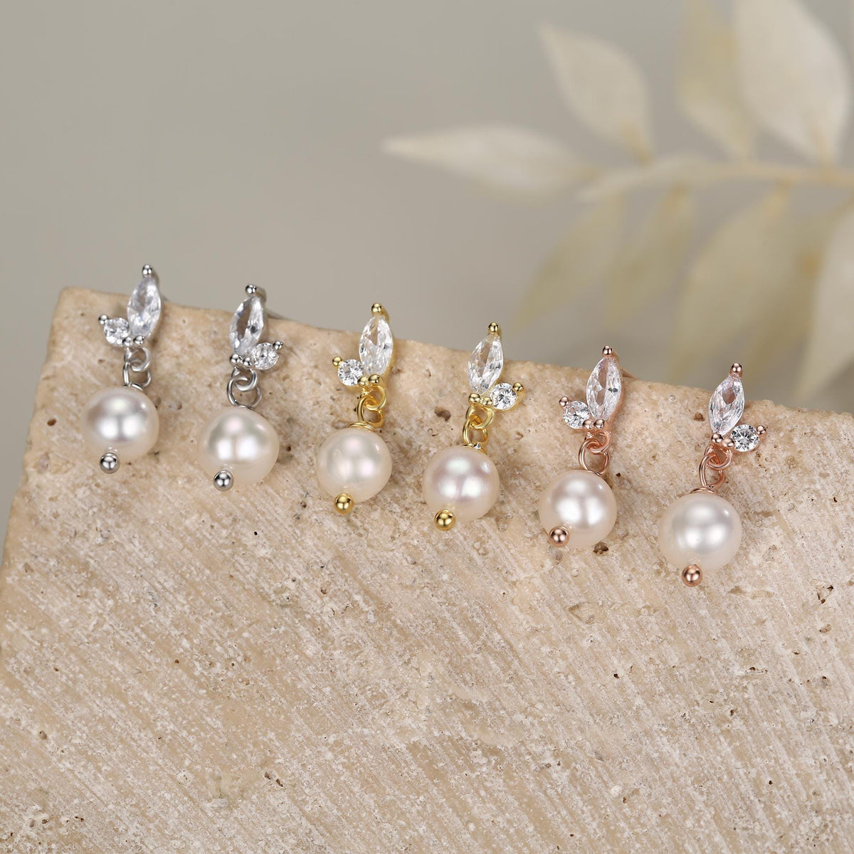 Marquise CZ Pair with Baroque Pearl Dangle Earrings in Sterling Silver, Delicate Keshi Pearl Drop Earrings, Genuine Freshwater Pearls