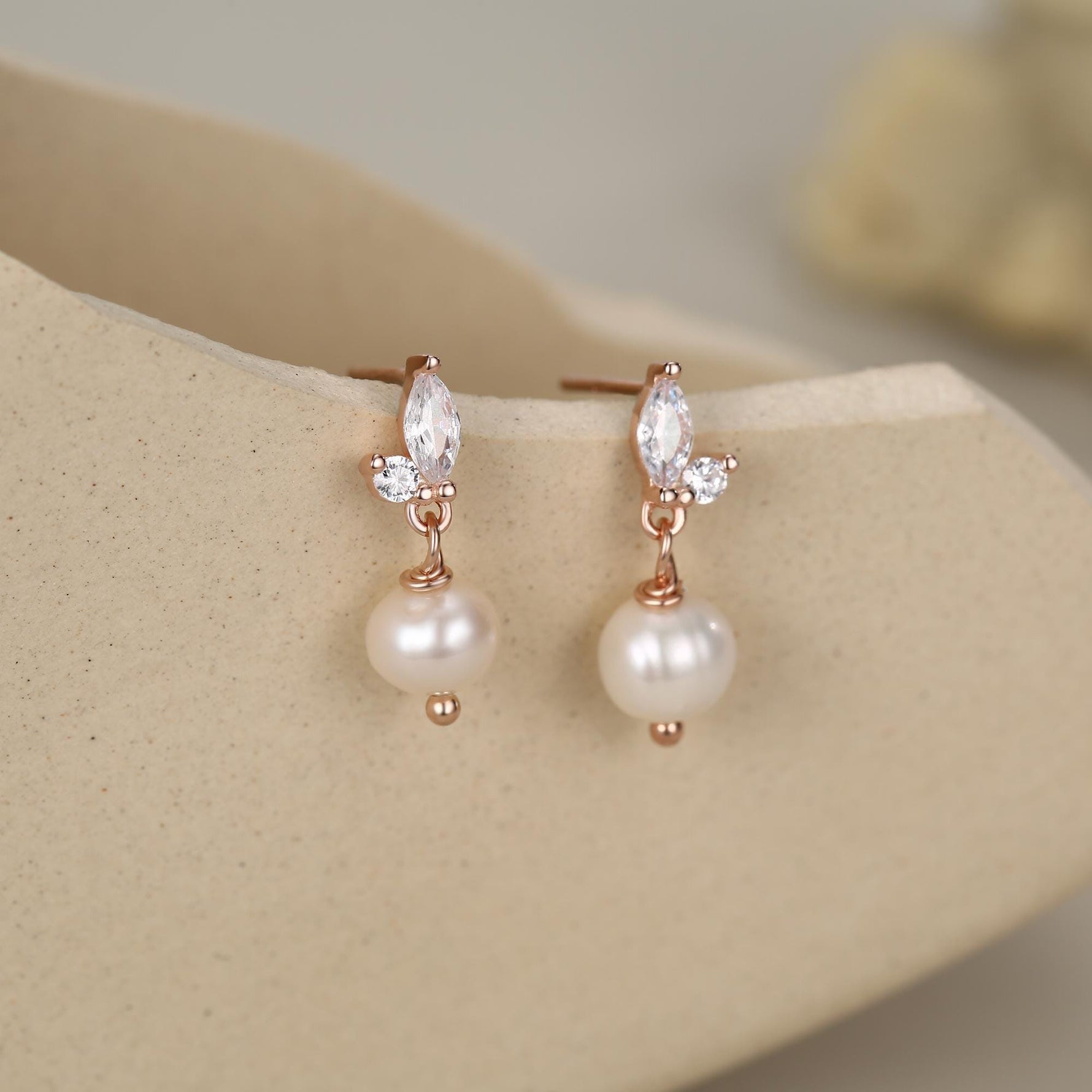 Marquise CZ Pair with Baroque Pearl Dangle Earrings in Sterling Silver, Delicate Keshi Pearl Drop Earrings, Genuine Freshwater Pearls