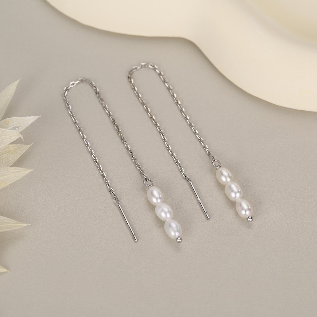 Genuine Freshwater Oval Pearl Trio Threader Earrings in Sterling Silver, 9cm Ear Threaders, Long Threaders, Natural Drop Pearl Ear Threaders