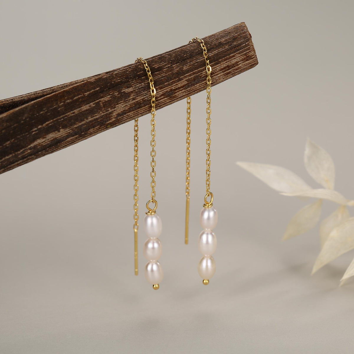 Genuine Freshwater Oval Pearl Trio Threader Earrings in Sterling Silver, 9cm Ear Threaders, Long Threaders, Natural Drop Pearl Ear Threaders