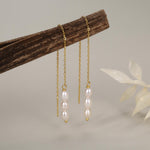 Genuine Freshwater Oval Pearl Trio Threader Earrings in Sterling Silver, 9cm Ear Threaders, Long Threaders, Natural Drop Pearl Ear Threaders