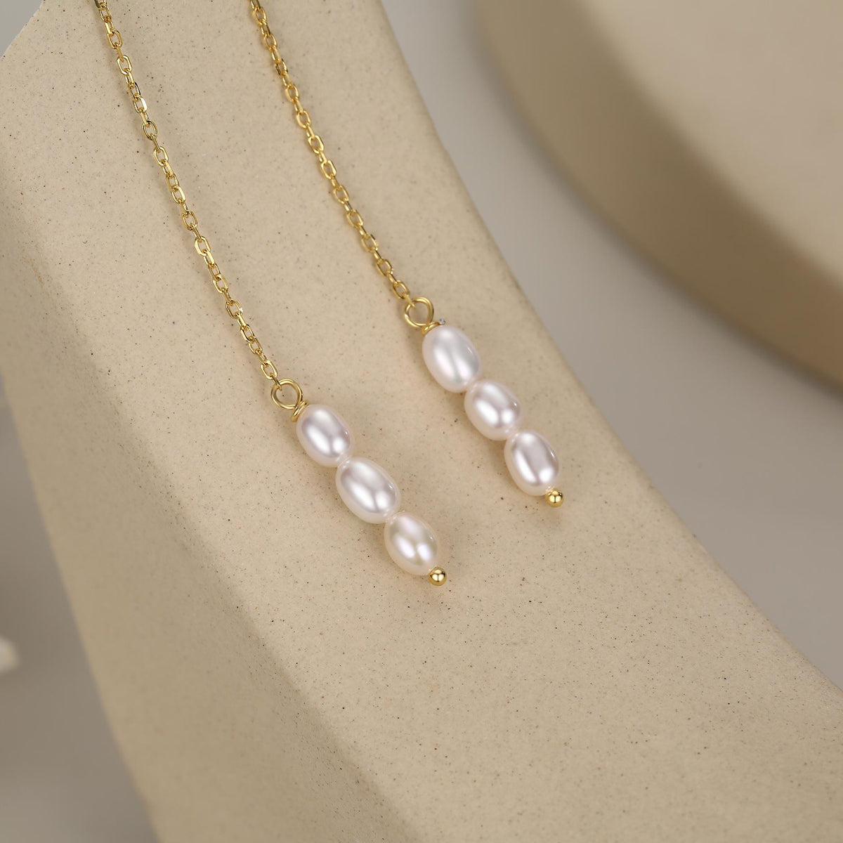 Genuine Freshwater Oval Pearl Trio Threader Earrings in Sterling Silver, 9cm Ear Threaders, Long Threaders, Natural Drop Pearl Ear Threaders