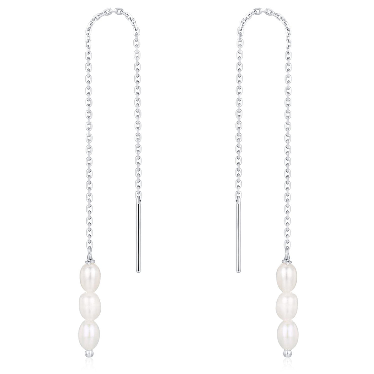 Genuine Freshwater Oval Pearl Trio Threader Earrings in Sterling Silver, 9cm Ear Threaders, Long Threaders, Natural Drop Pearl Ear Threaders