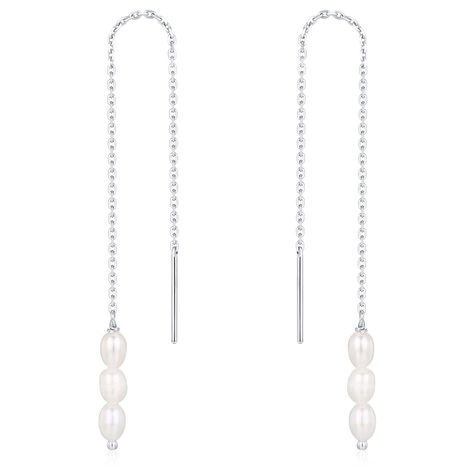 Genuine Freshwater Oval Pearl Trio Threader Earrings in Sterling Silver, 9cm Ear Threaders, Long Threaders, Natural Drop Pearl Ear Threaders