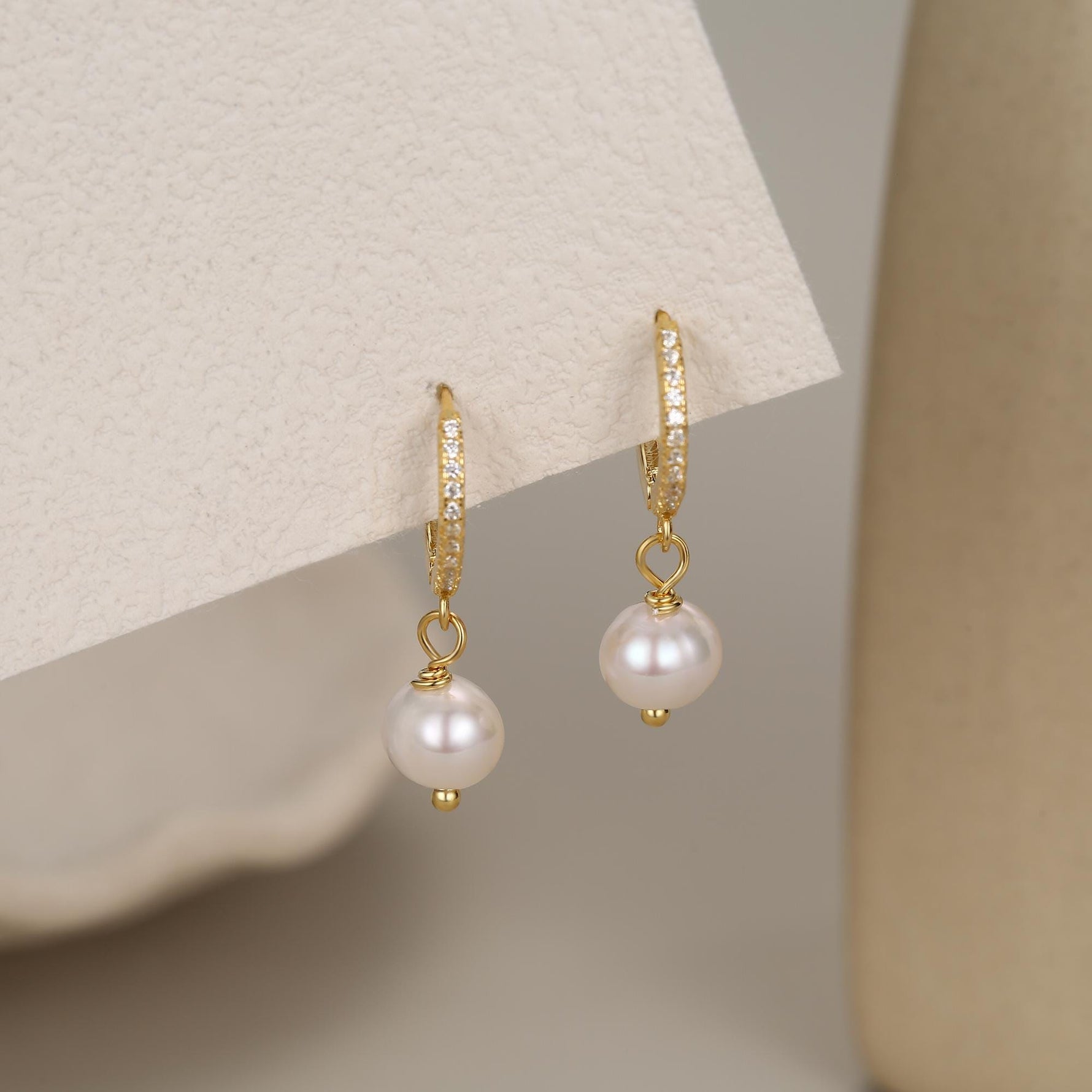 Natural Freshwater Pearl Huggie Hoops Earrings in Sterling Silver with CZ Crystals, Genuine Freshwater Pearls, Silver or Gold