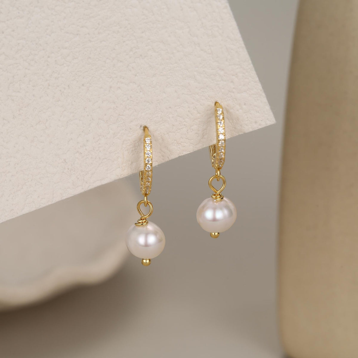 Natural Freshwater Pearl CZ Huggie Hoops Earrings in Sterling Silver