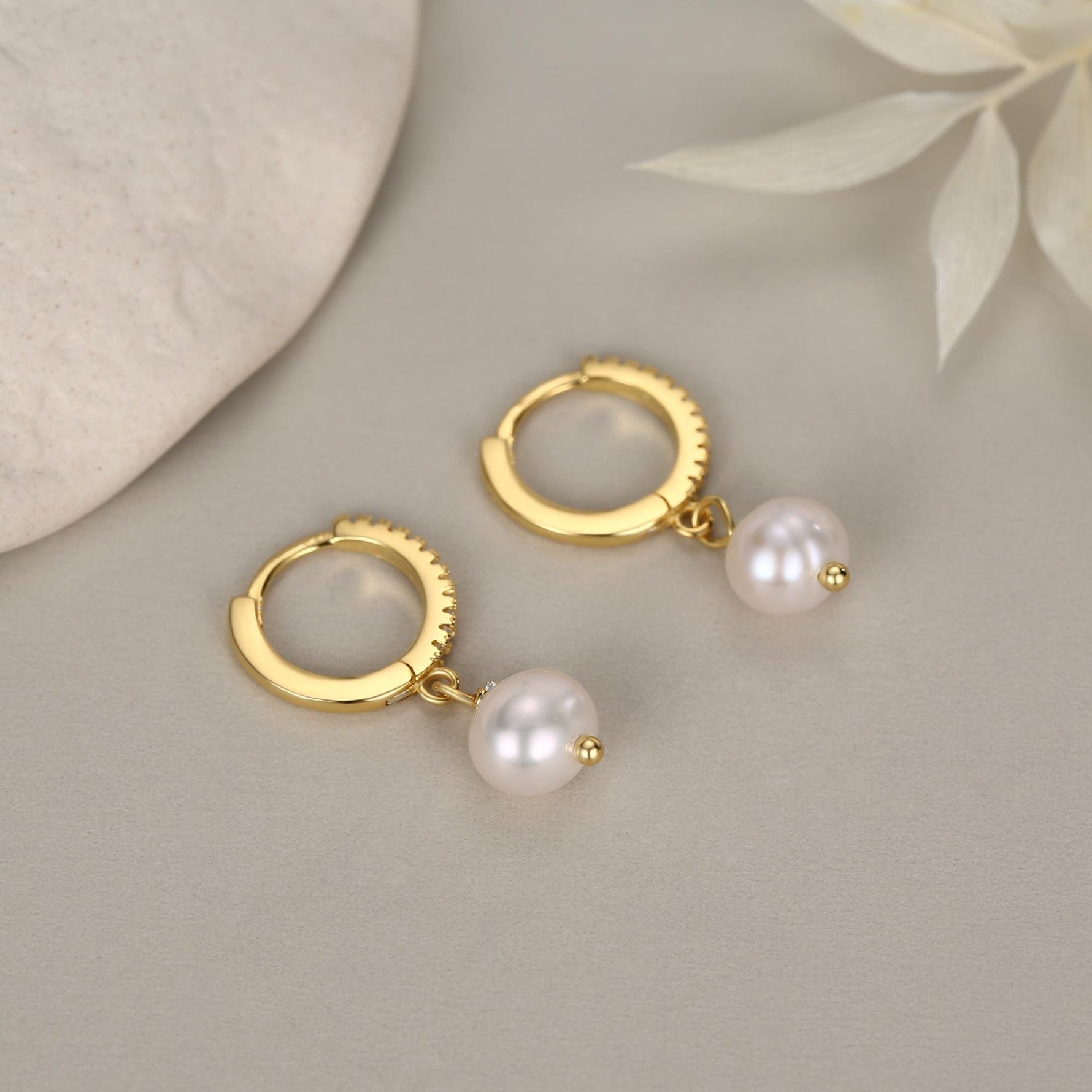 Natural Freshwater Pearl Huggie Hoops Earrings in Sterling Silver with CZ Crystals, Genuine Freshwater Pearls, Silver or Gold