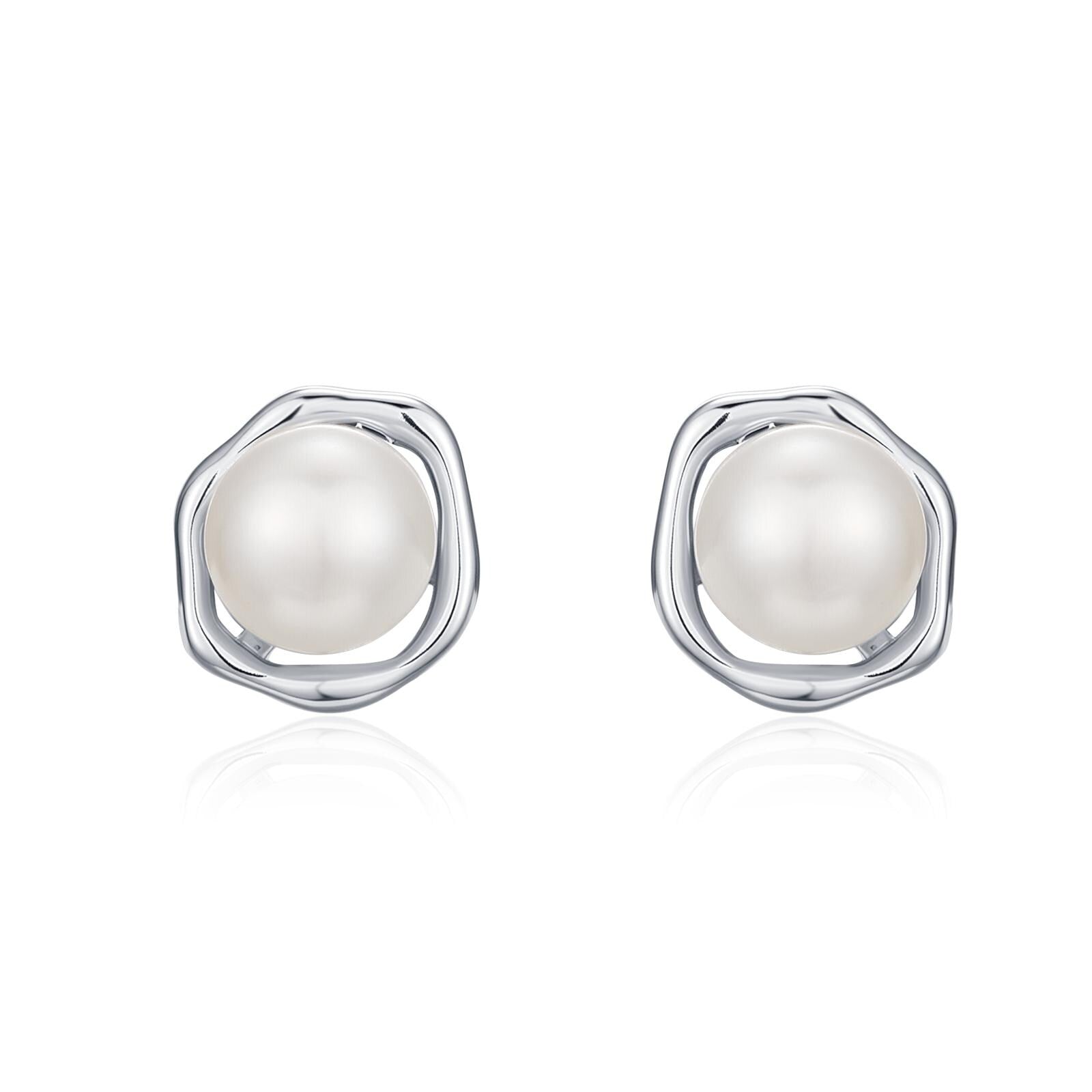 Genuine Freshwater Pearl and Irregular Circle Stud Earrings in Sterling Silver, Delicate Keshi Pearl Halo Earrings, Genuine Pearls
