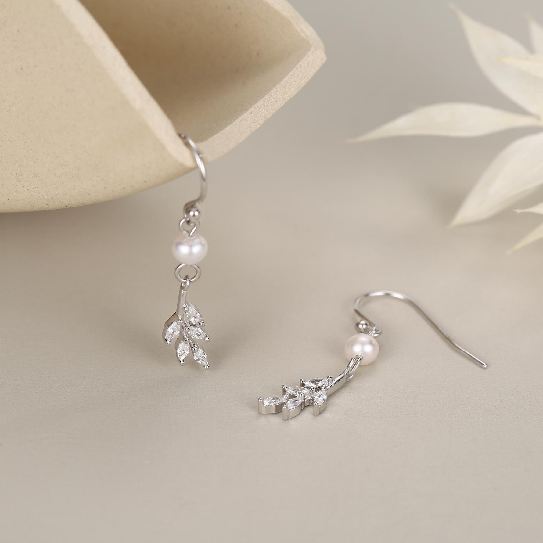 CZ Leaf Charm Drop Hook Earrings in Sterling Silver with Genuine Freshwater Pearls, Silver or Gold, Crystal Leaf Hook Earrings,Leaf Earrings