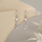 CZ Leaf Charm Drop Hook Earrings in Sterling Silver with Genuine Freshwater Pearls, Silver or Gold, Crystal Leaf Hook Earrings,Leaf Earrings