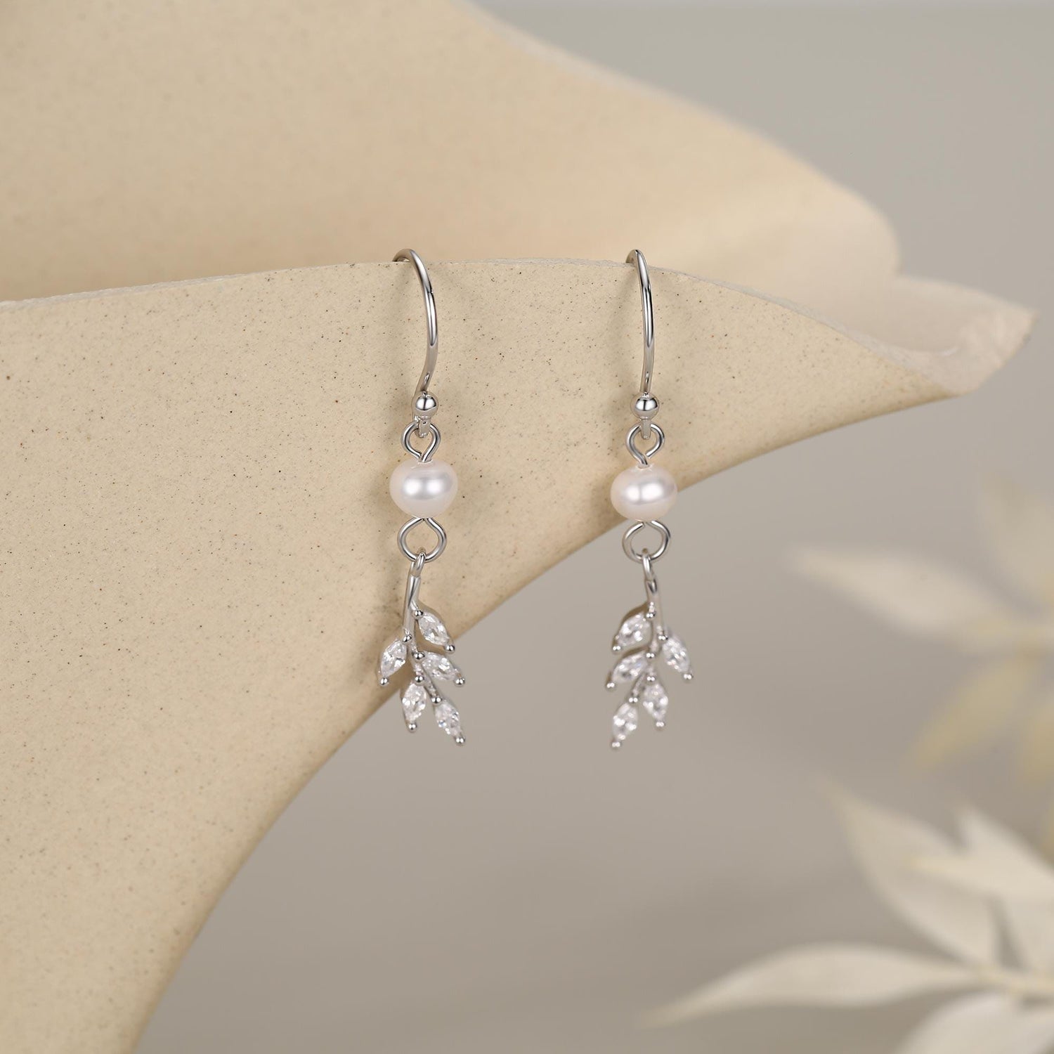 CZ Leaf Charm Drop Hook Earrings in Sterling Silver with Genuine Freshwater Pearls, Silver or Gold, Crystal Leaf Hook Earrings,Leaf Earrings