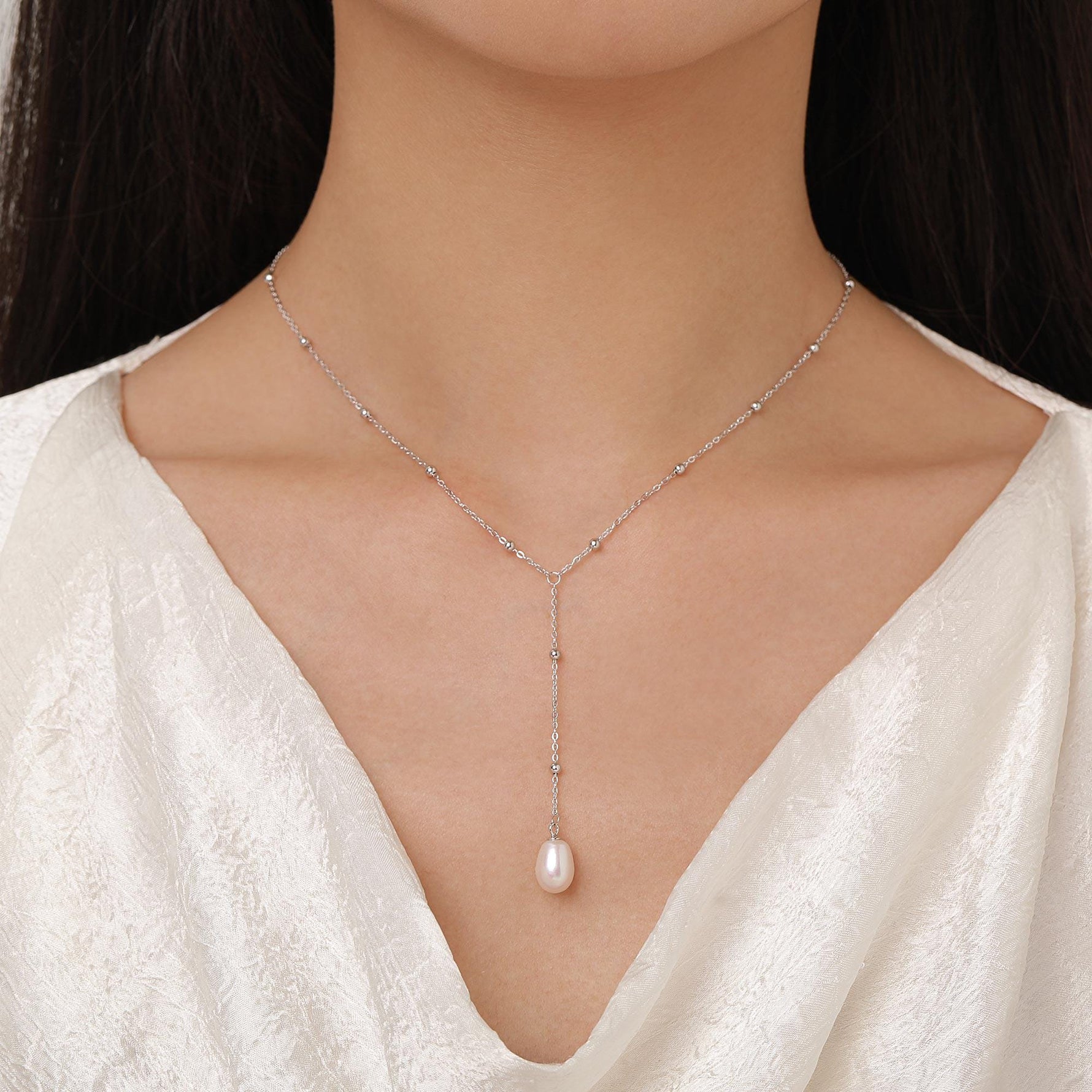 Natural Freshwater Pearl Lariat Pendant Necklace in Sterling Silver, Silver or Gold, Minimalist Genuine Freshwater Pearl Y Shape Necklace