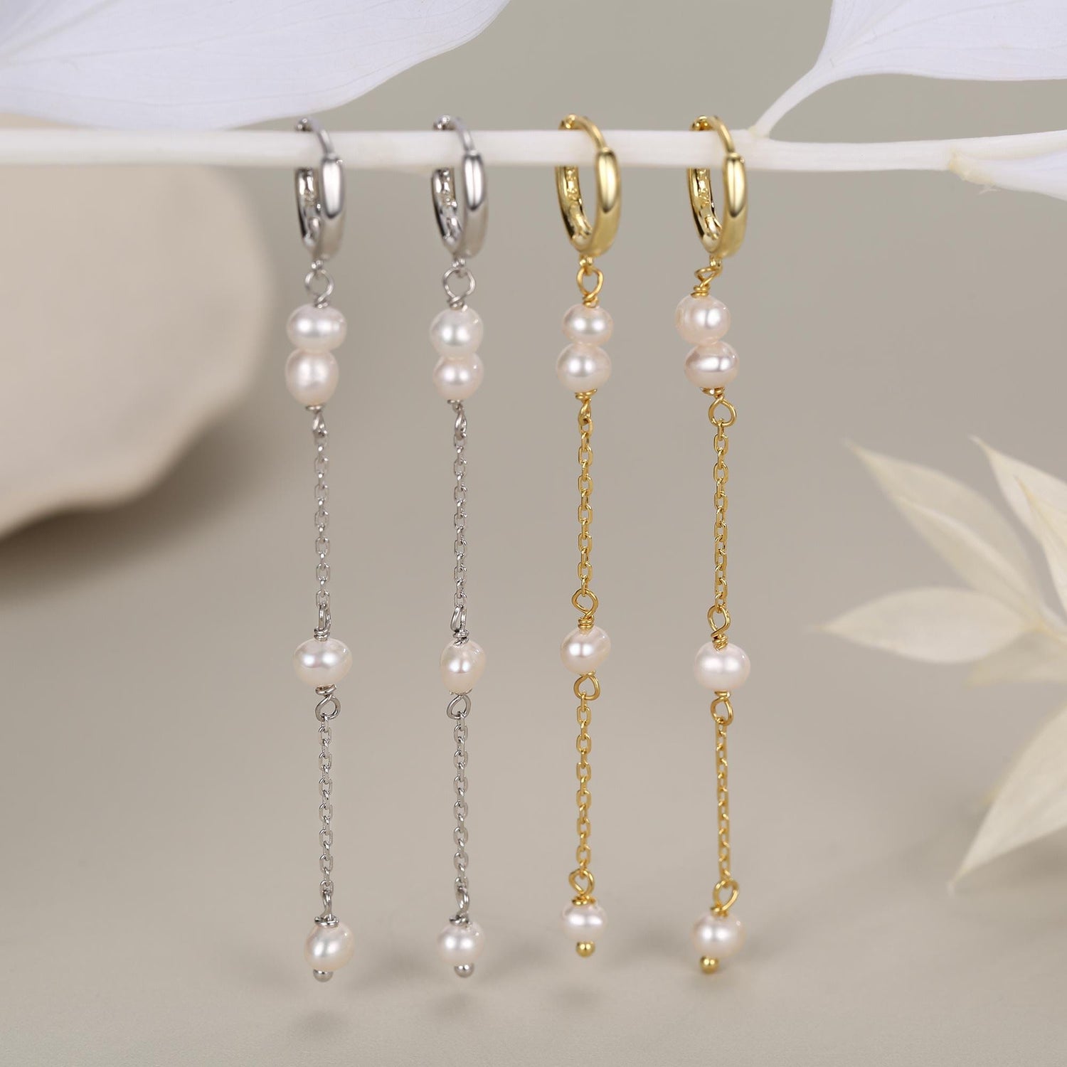 Natural Pearl Hoop Earrings in Sterling Silver, Genuine Pearl Huggie Hoops Chain Earrings, Pearl Dangle Hoops, Silver or Gold
