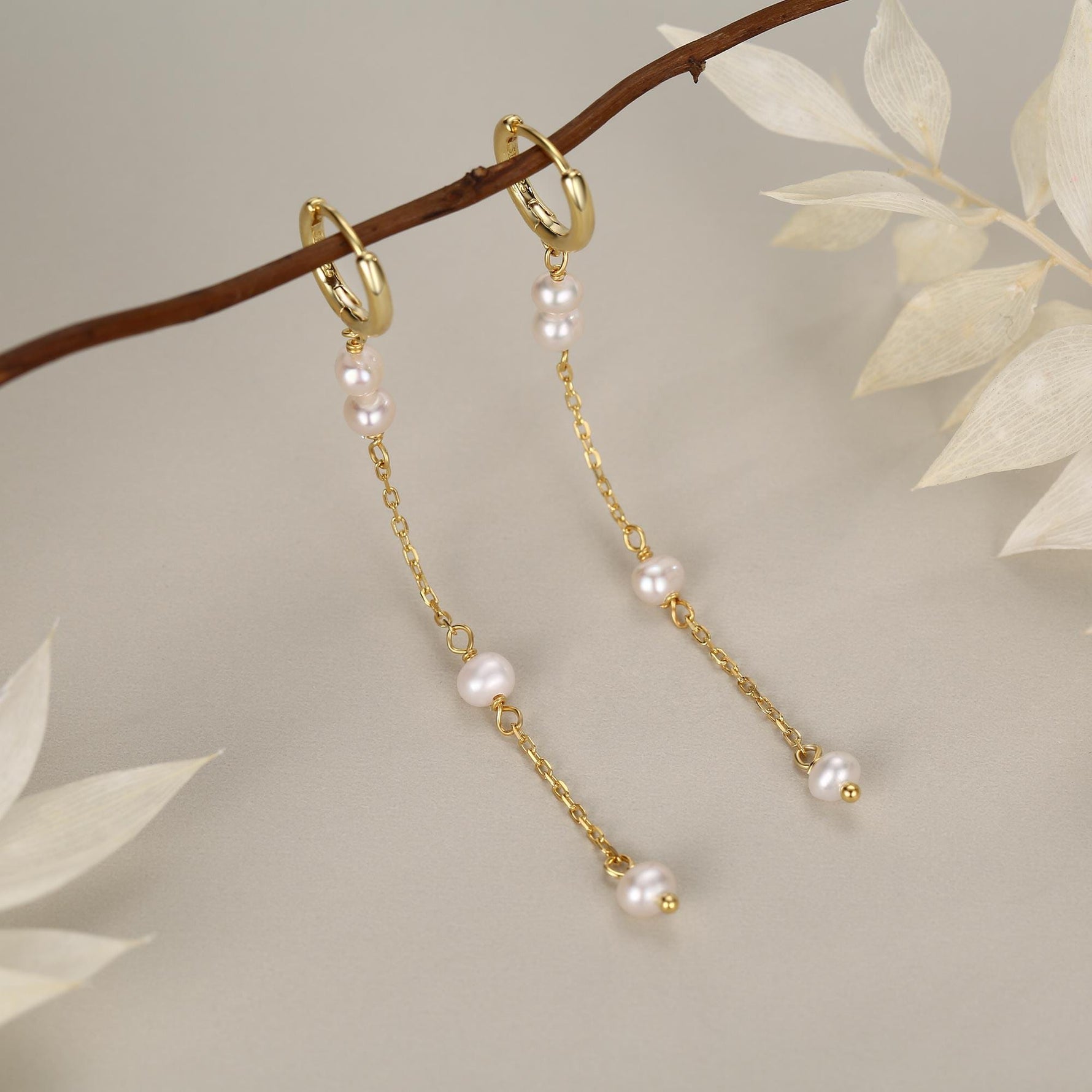 Natural Pearl Hoop Earrings in Sterling Silver, Genuine Pearl Huggie Hoops Chain Earrings, Pearl Dangle Hoops, Silver or Gold