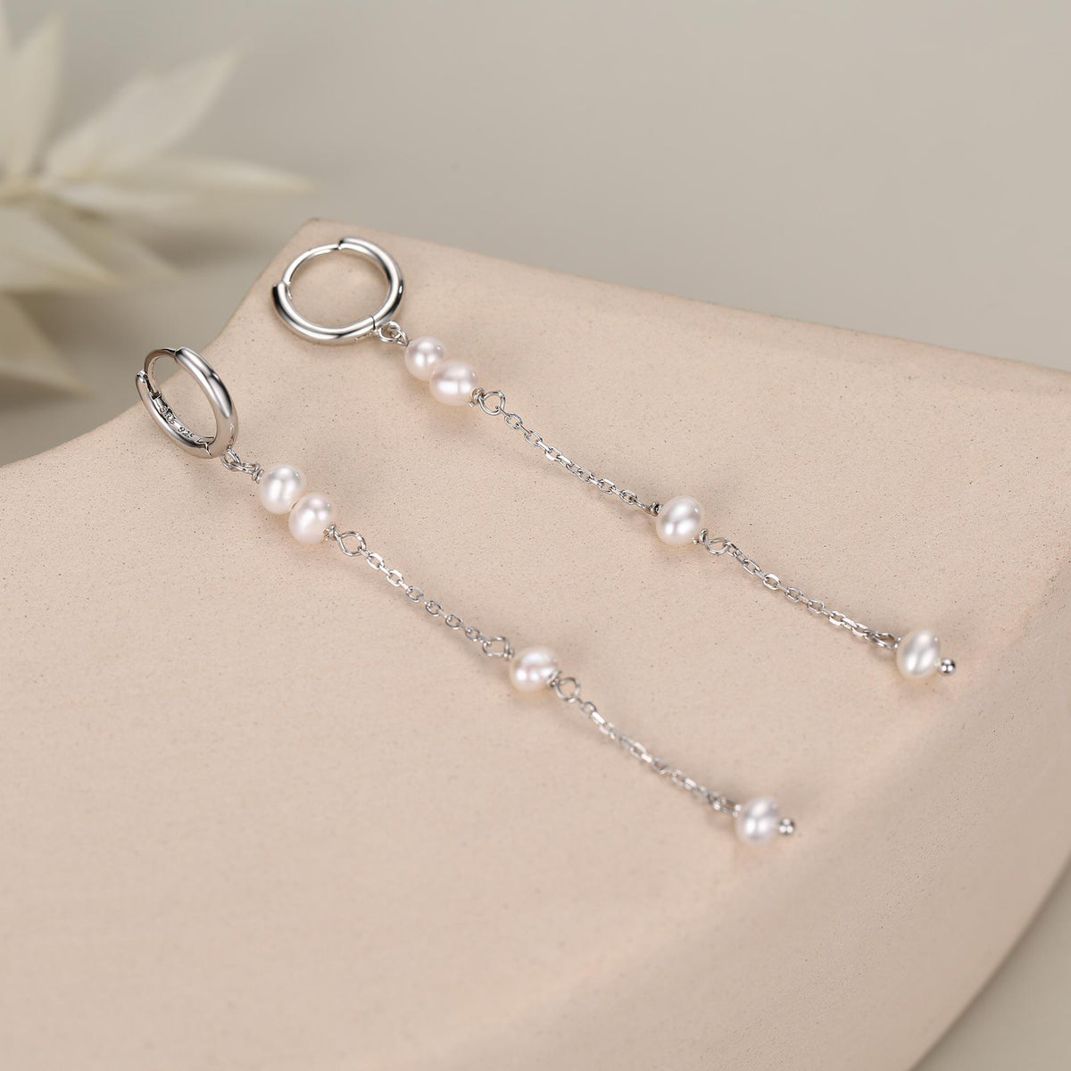 Natural Pearl Hoop Earrings in Sterling Silver, Genuine Pearl Huggie Hoops Chain Earrings, Pearl Dangle Hoops, Silver or Gold