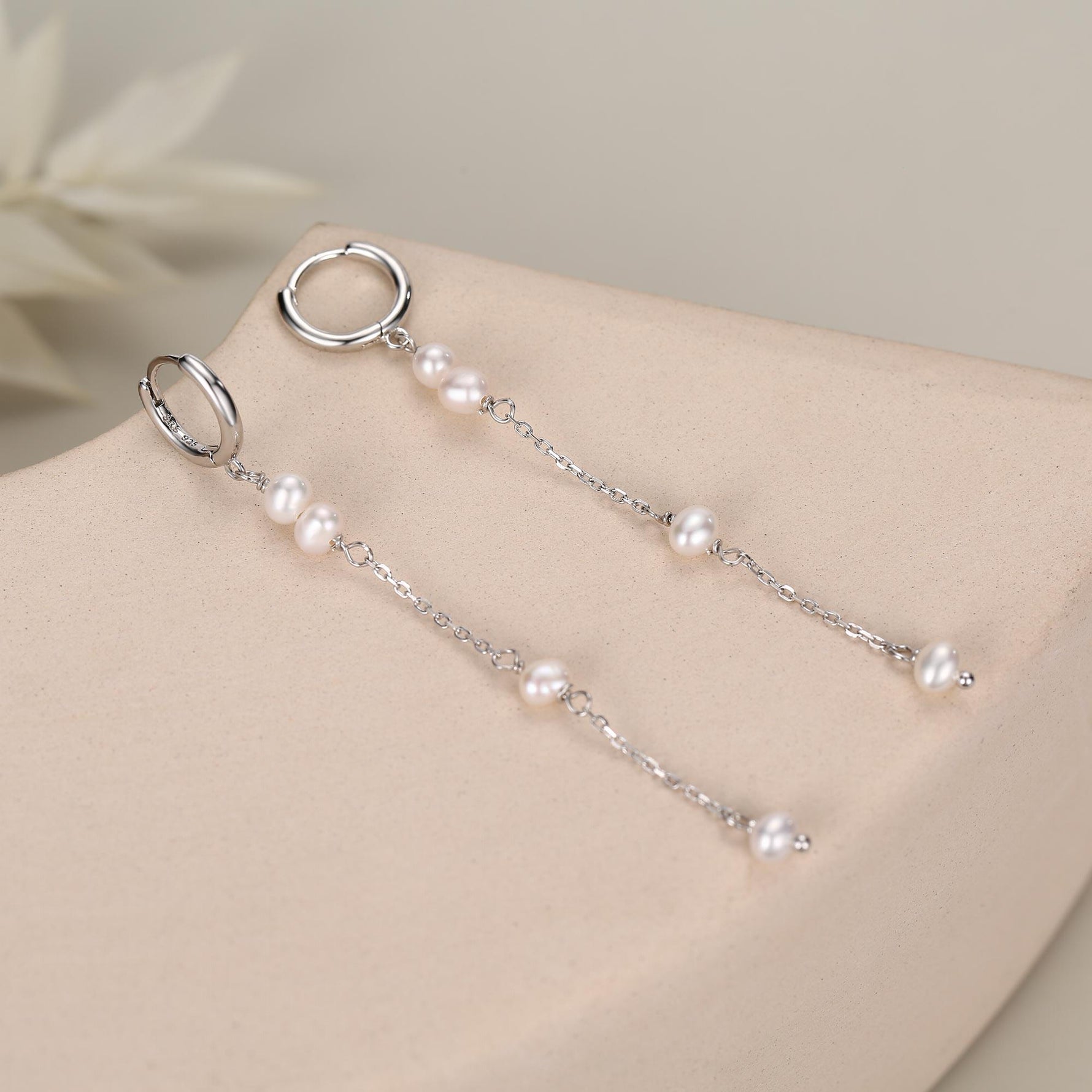Natural Pearl Hoop Earrings in Sterling Silver, Genuine Pearl Huggie Hoops Chain Earrings, Pearl Dangle Hoops, Silver or Gold