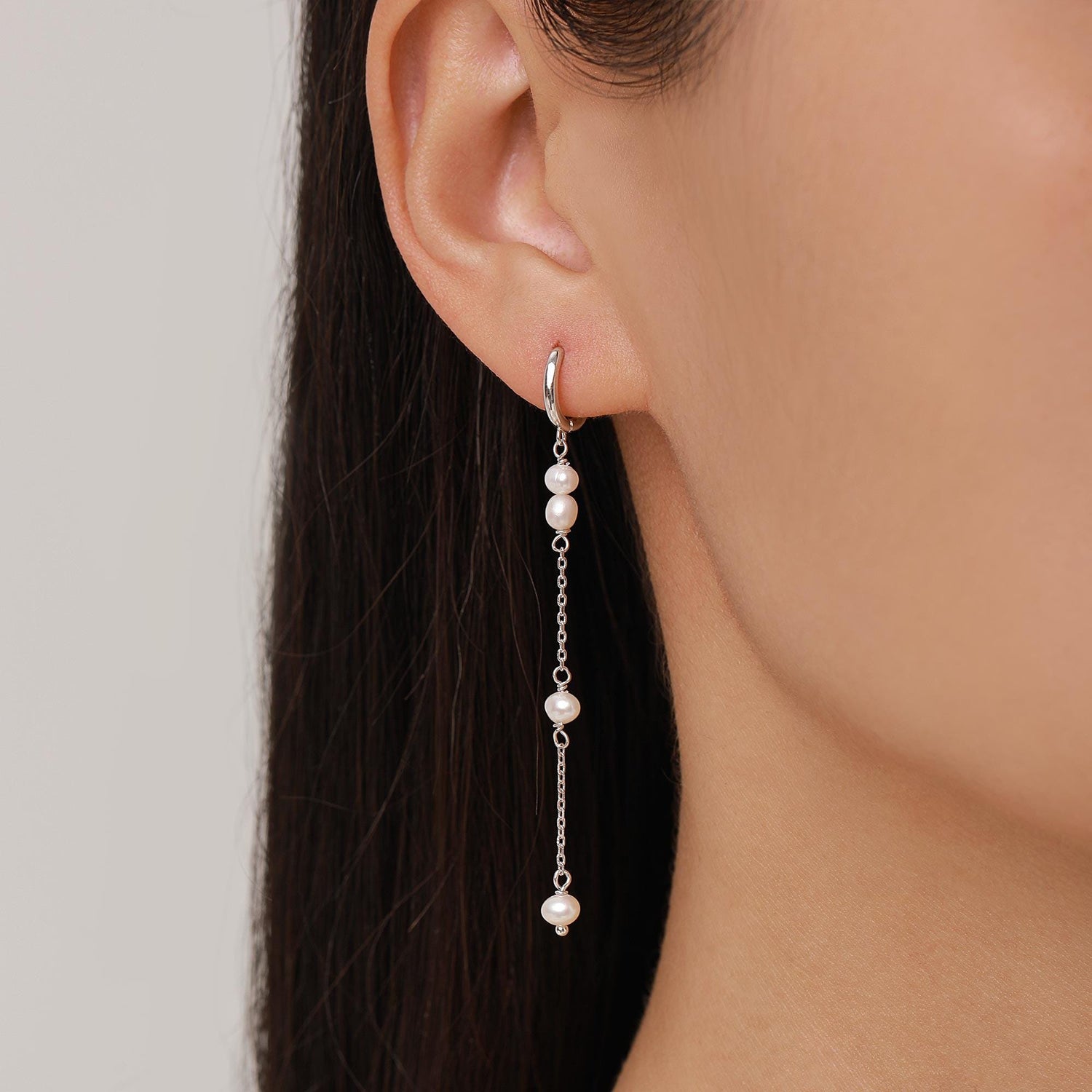 Natural Pearl Hoop Earrings in Sterling Silver, Genuine Pearl Huggie Hoops Chain Earrings, Pearl Dangle Hoops, Silver or Gold