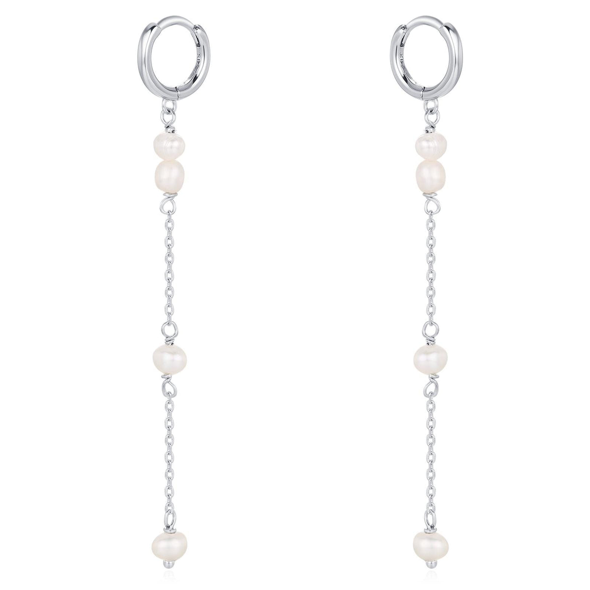 Natural Pearl Hoop Earrings in Sterling Silver, Genuine Pearl Huggie Hoops Chain Earrings, Pearl Dangle Hoops, Silver or Gold