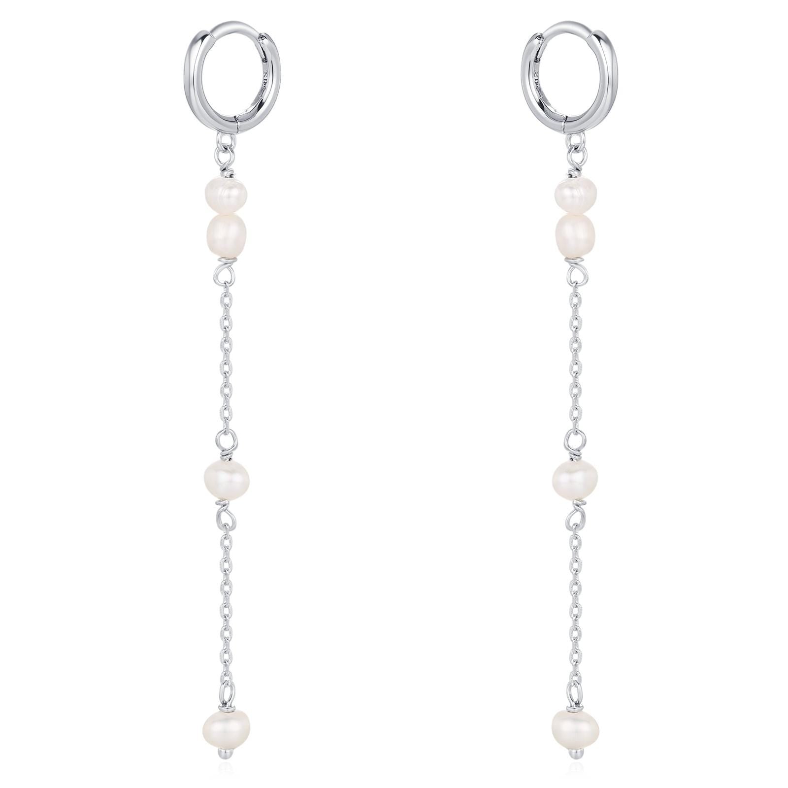 Natural Pearl Hoop Earrings in Sterling Silver, Genuine Pearl Huggie Hoops Chain Earrings, Pearl Dangle Hoops, Silver or Gold