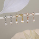 Starburst and Tiny Dangle Pearl Stud Earrings in Sterling Silver, Silver, Gold or Rose Gold, Star Earrings, Sunburst Earrings, Celestial