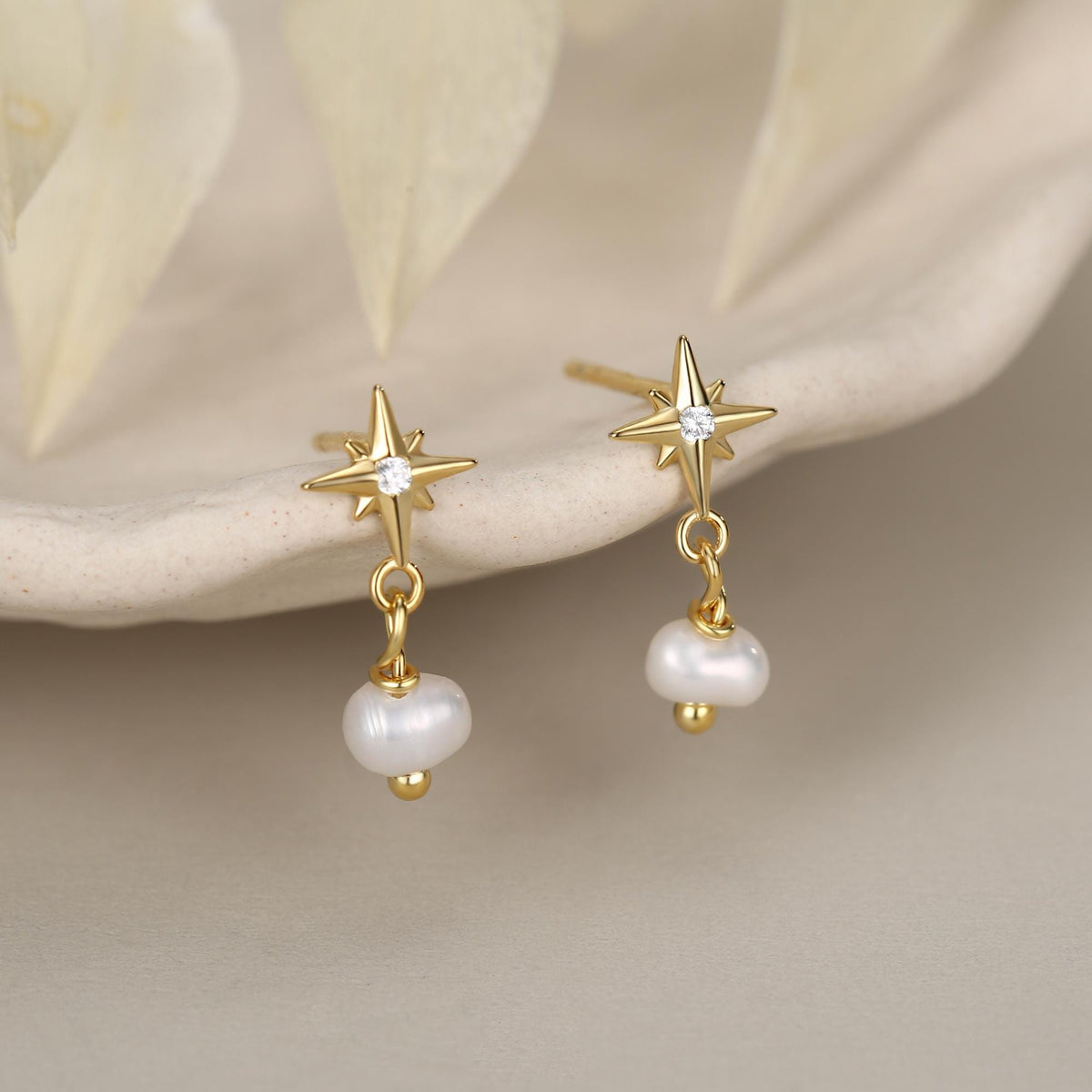 Starburst and Tiny Dangle Pearl Stud Earrings in Sterling Silver, Silver, Gold or Rose Gold, Star Earrings, Sunburst Earrings, Celestial