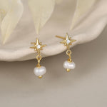 Starburst and Tiny Dangle Pearl Stud Earrings in Sterling Silver, Silver, Gold or Rose Gold, Star Earrings, Sunburst Earrings, Celestial