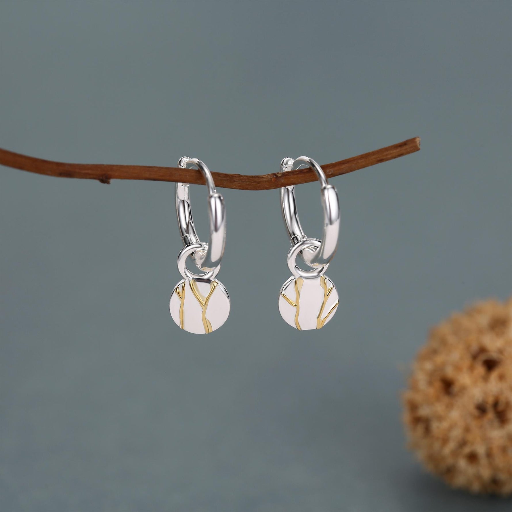 Sterling Silver Kintsugi Disc Earring Charms for Hoop Earrings