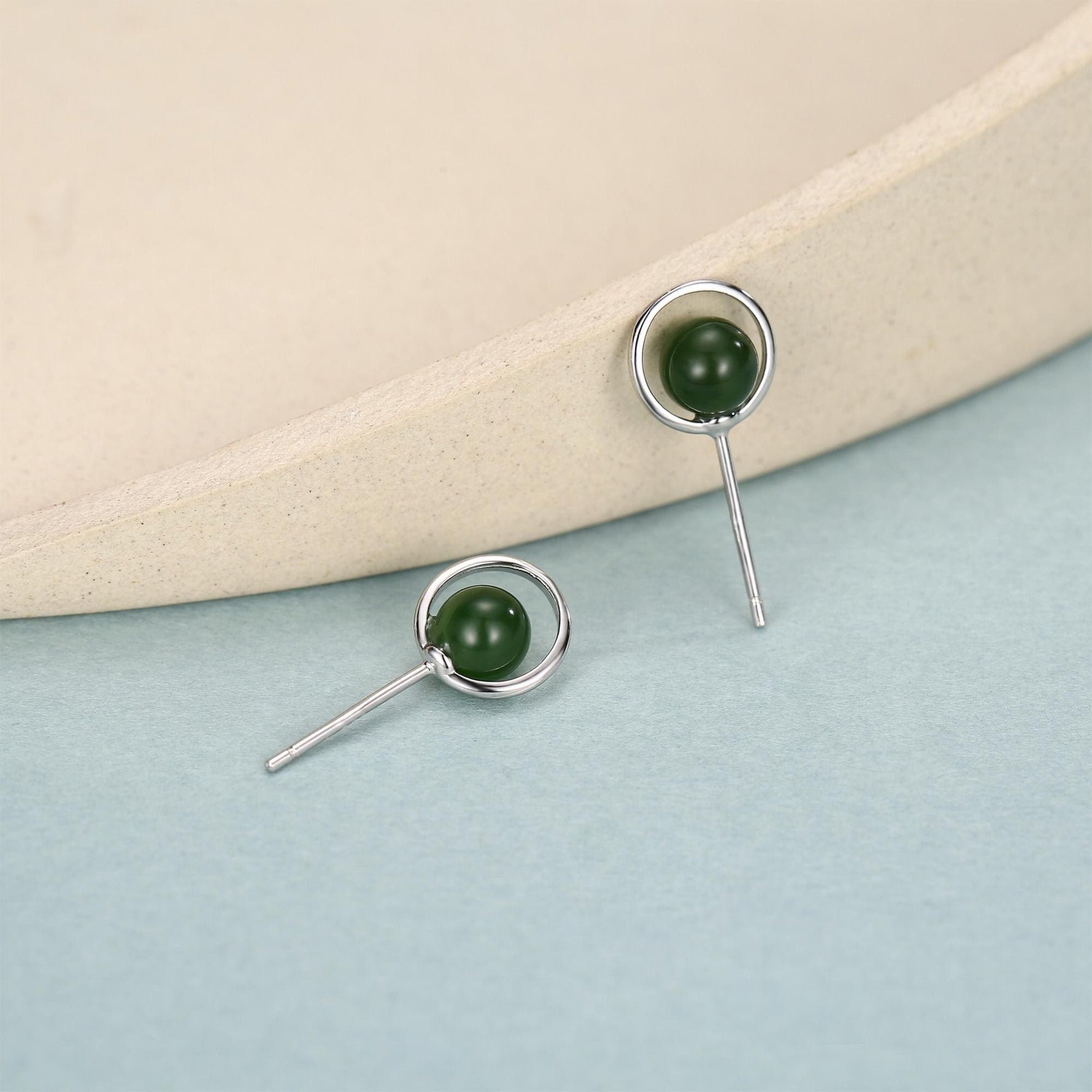 Genuine Jade Crystal Planet Stud Earrings in Sterling Silver, Green Jade Planet Halo Earrings, Jade Saturn Earrings